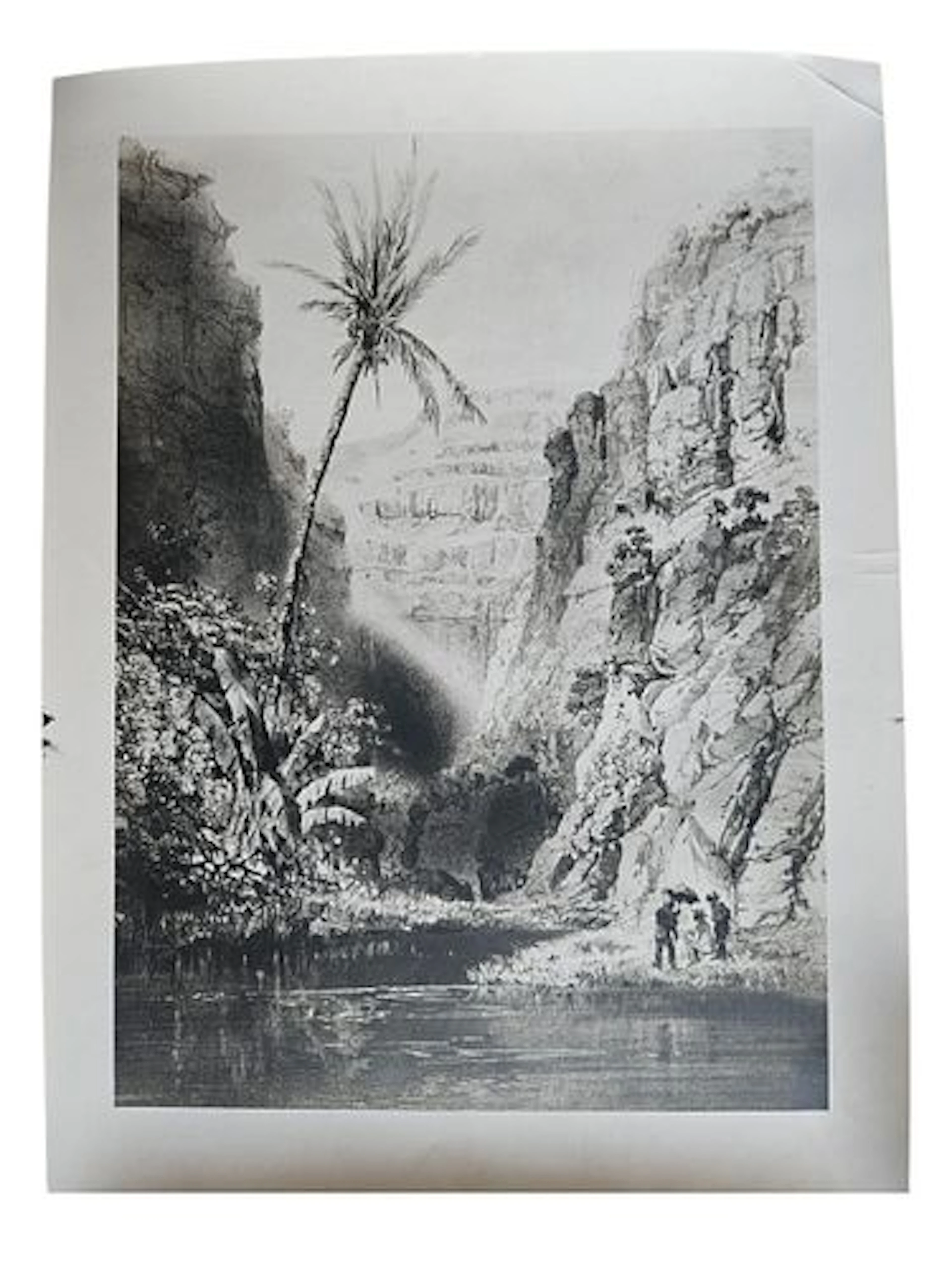 Orientalist Landscape with Palm Trees and Figures, Black and White