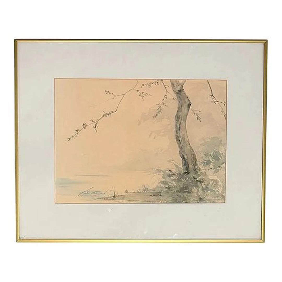 Late 20th Century Hope Everson - Tree and Bird, Watercolor on Paper