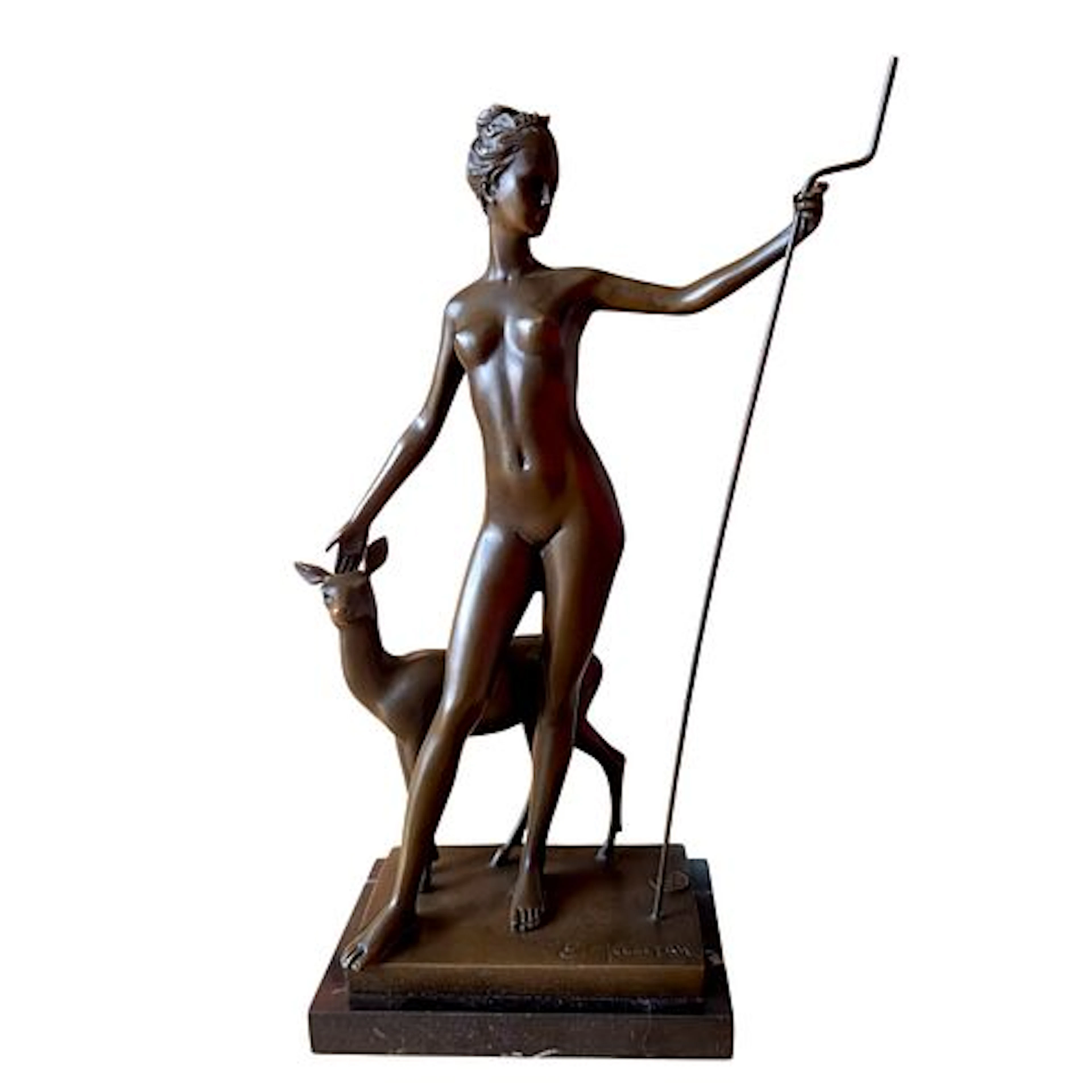 E. Marfan Bronze Figure of Diana with Deer on Marble Base