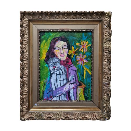 Signed - Expressionist Figure with Cat, Oil on Canvas