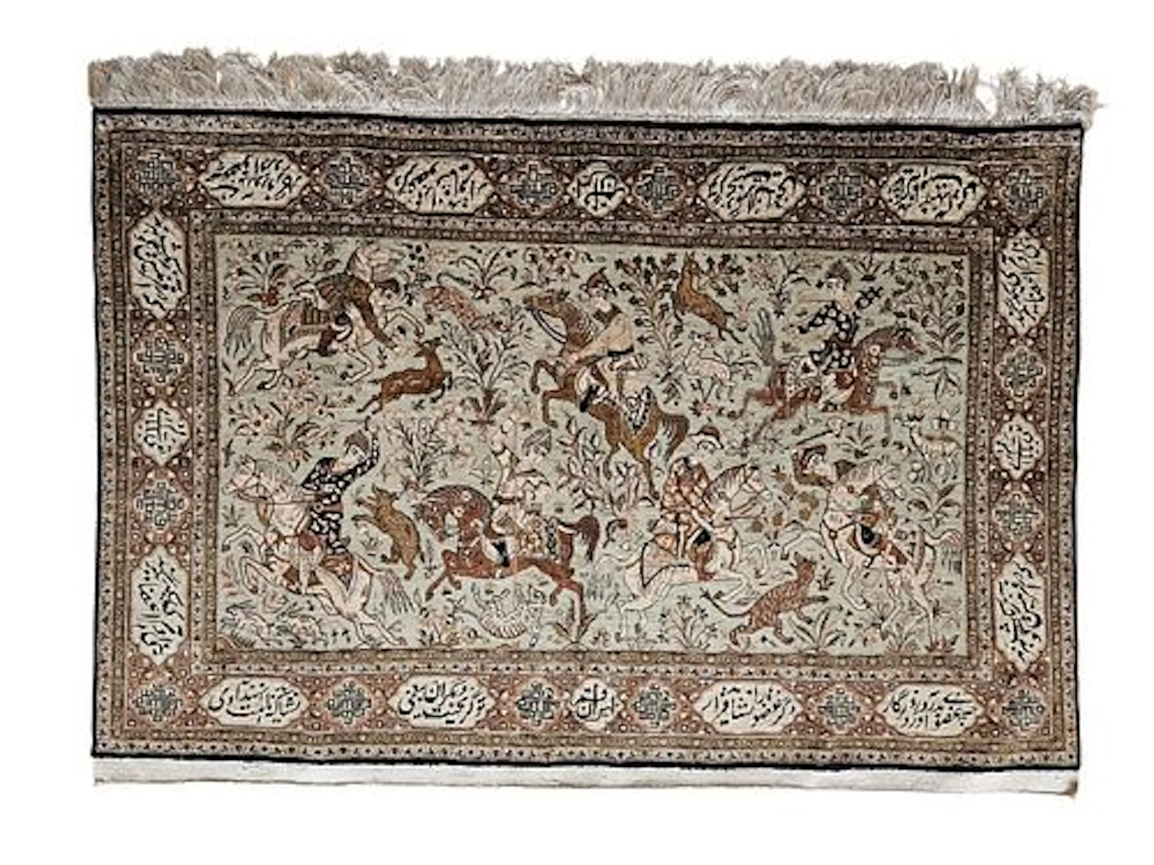 Vintage Persian Qum Hunting Scene Silk Rug 3'7" x 5'3"