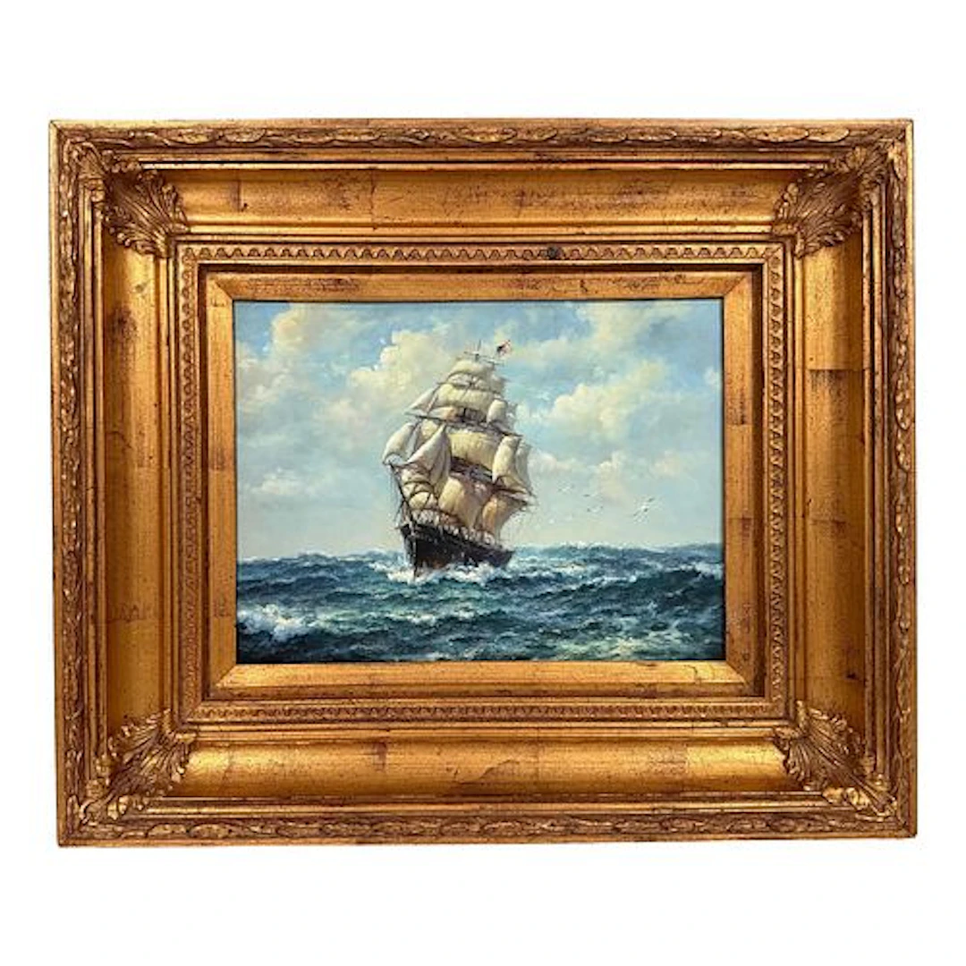 Late 20th Century J. Clark - American Clipper at Sea, Oil on Board