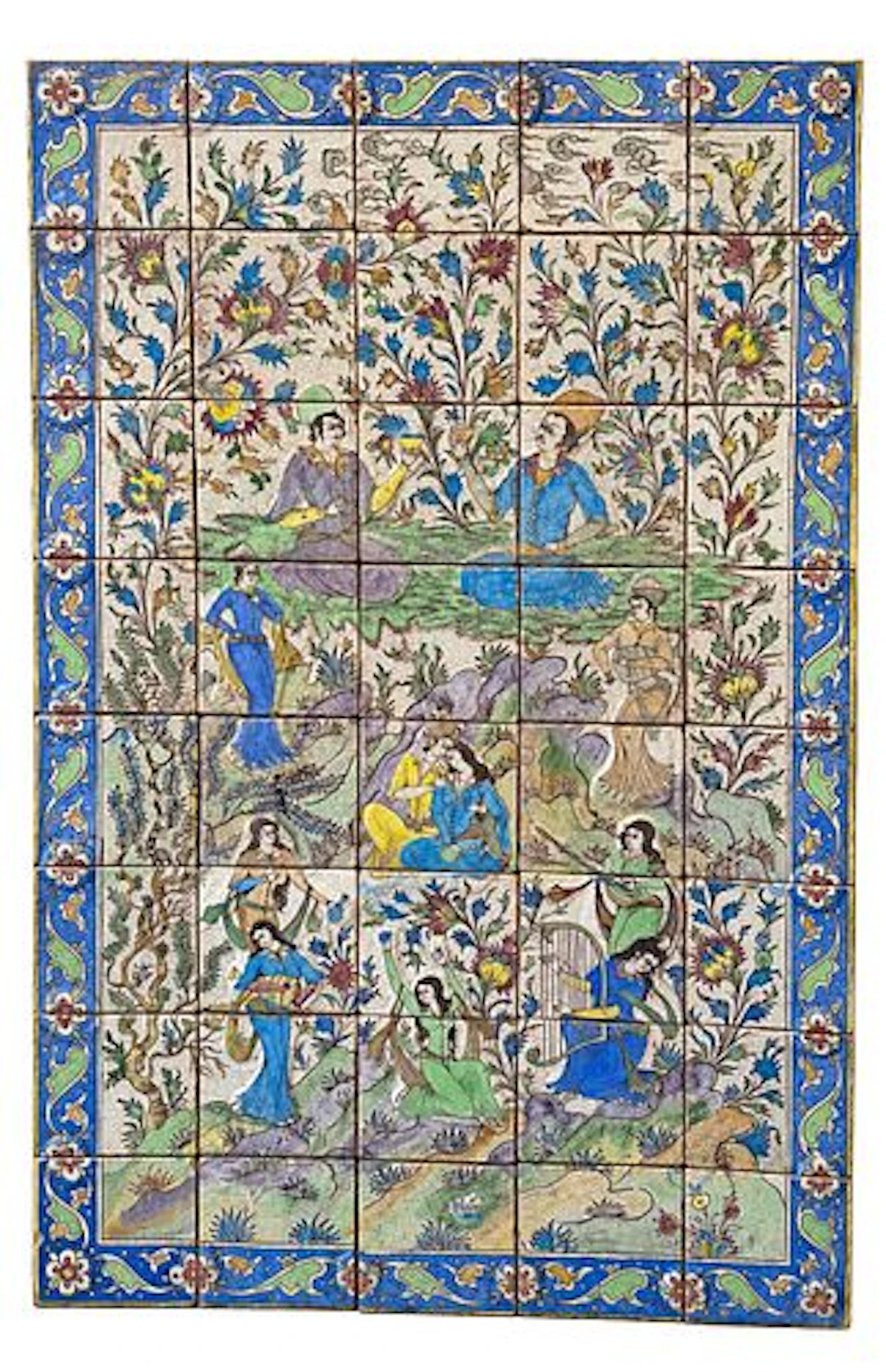 Large Persian Qajar Figural Polychrome Ceramic Tile Panel, Late 19th Century