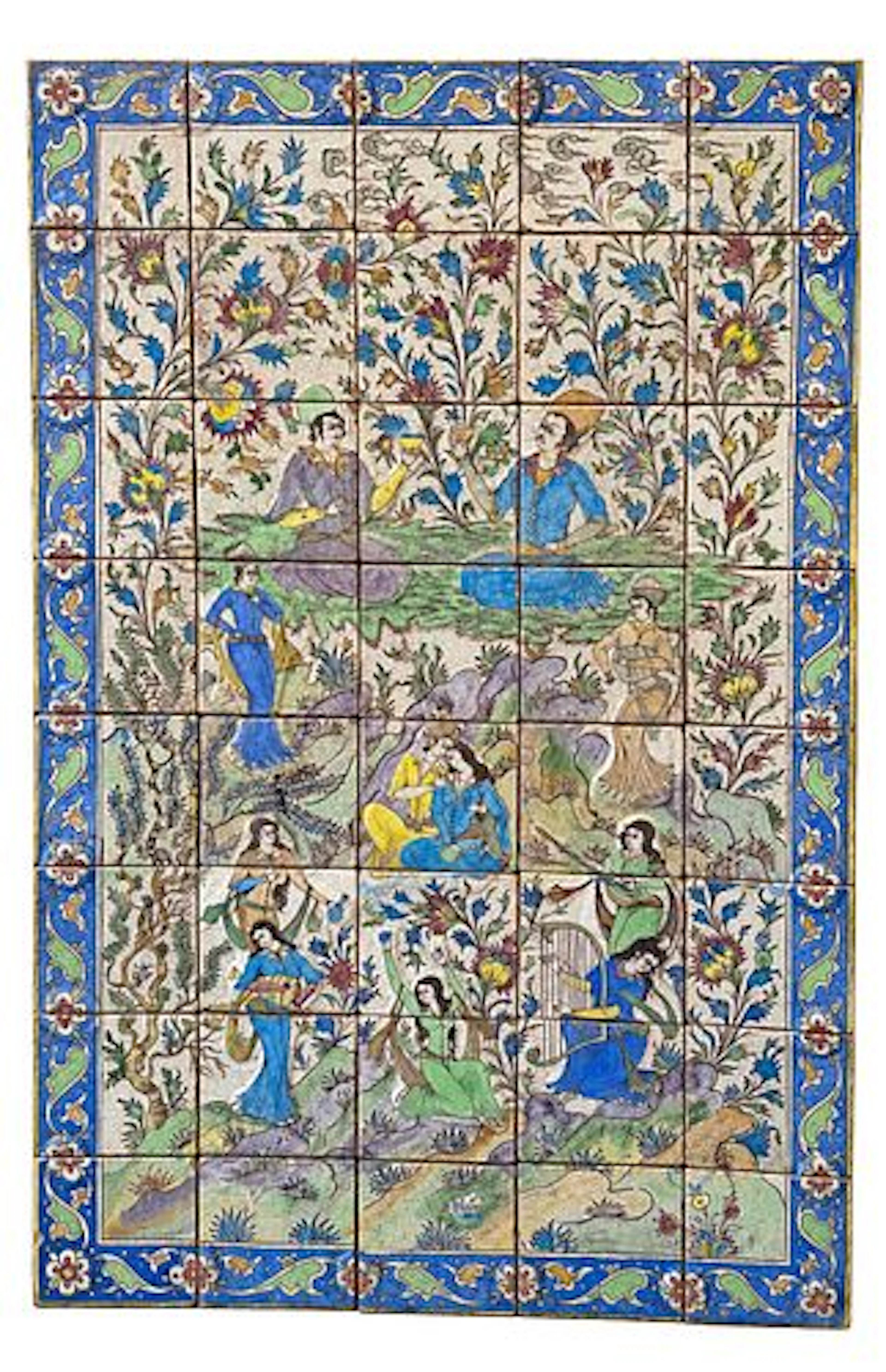 Large Persian Qajar Figural Polychrome Ceramic Tile Panel, Late 19th Century