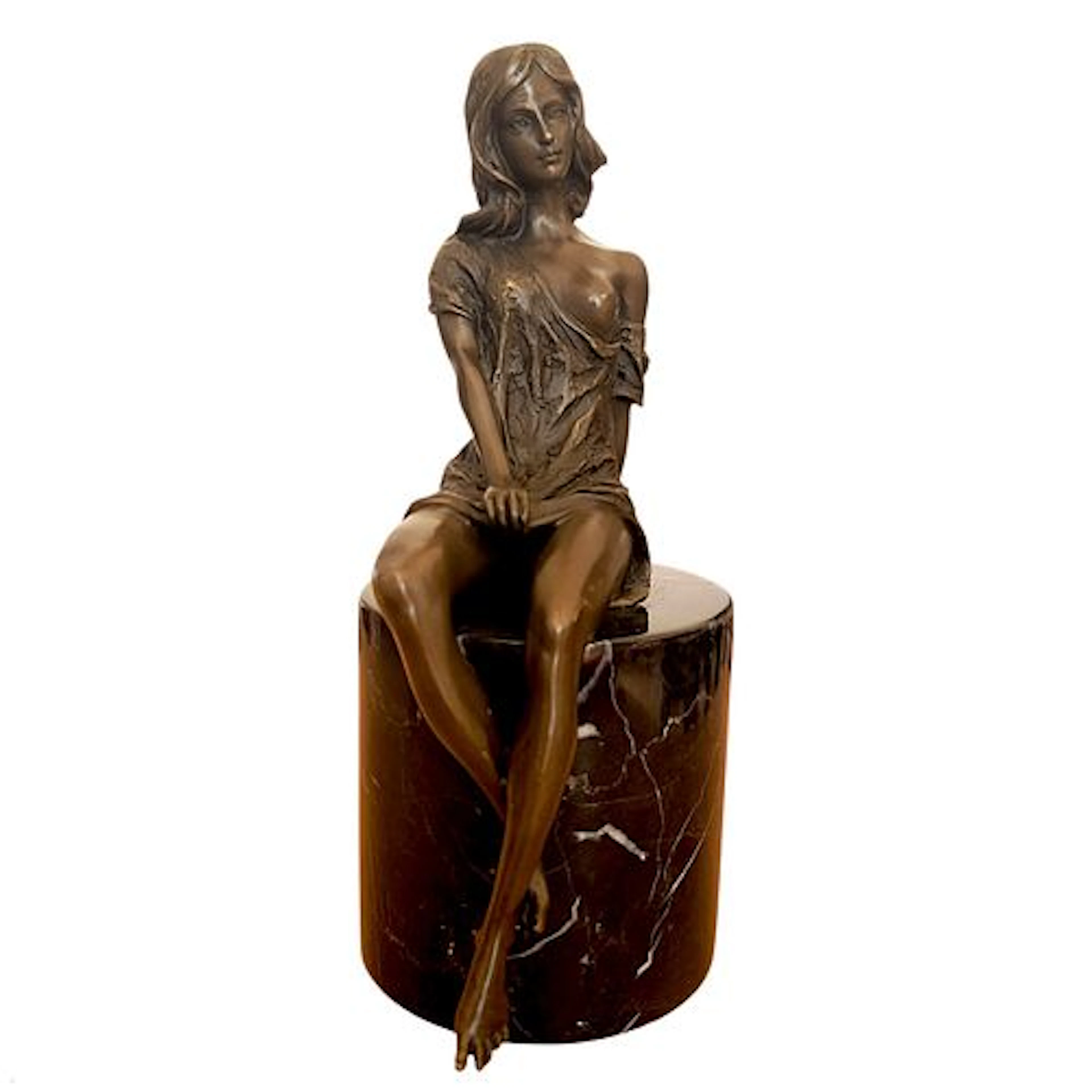 F. Baras, Bronze Figure of a Seated Woman on Marble Base