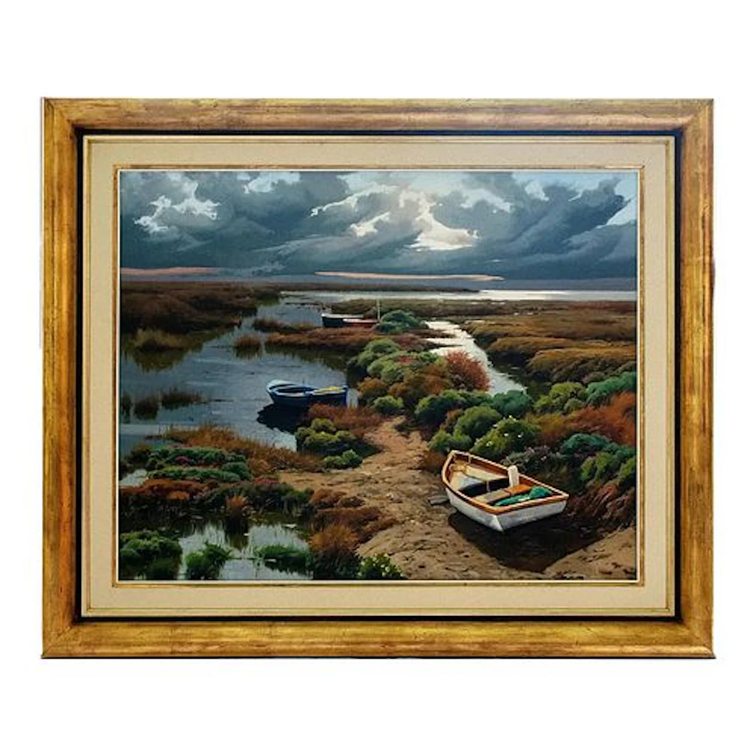 Late 20th Century Ramon Pujol - Boats on the Marsh, Oil on Canvas