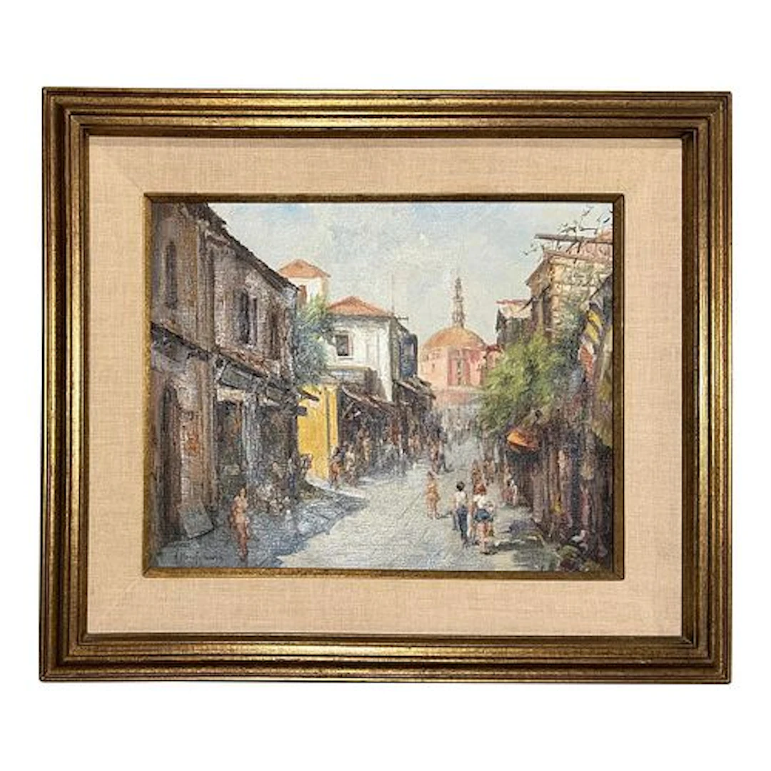1960s Antonis L. Karafyllakis - Mediterranean Street Scene, Oil on Canvas