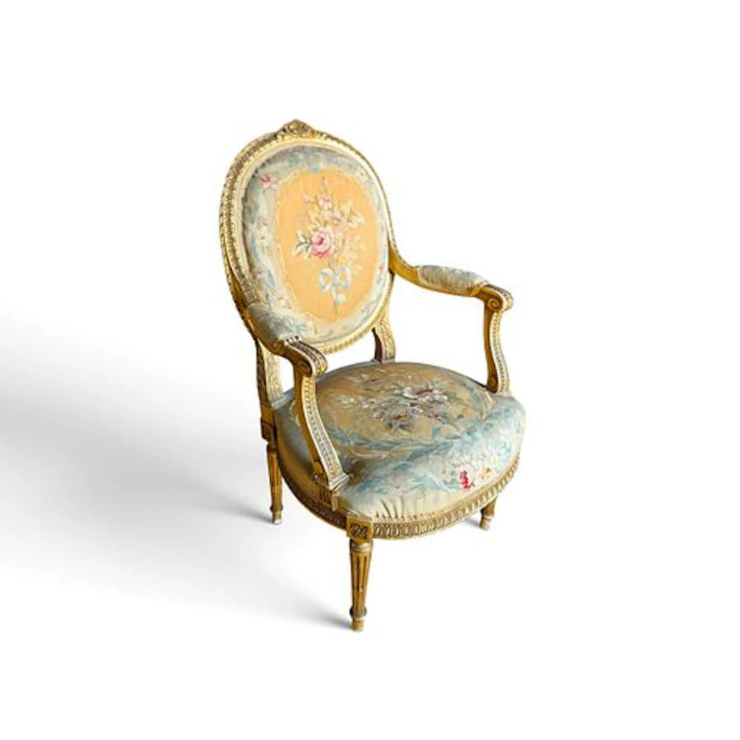 Set of Four French Louis XVI Style Giltwood Armchairs with Handwoven