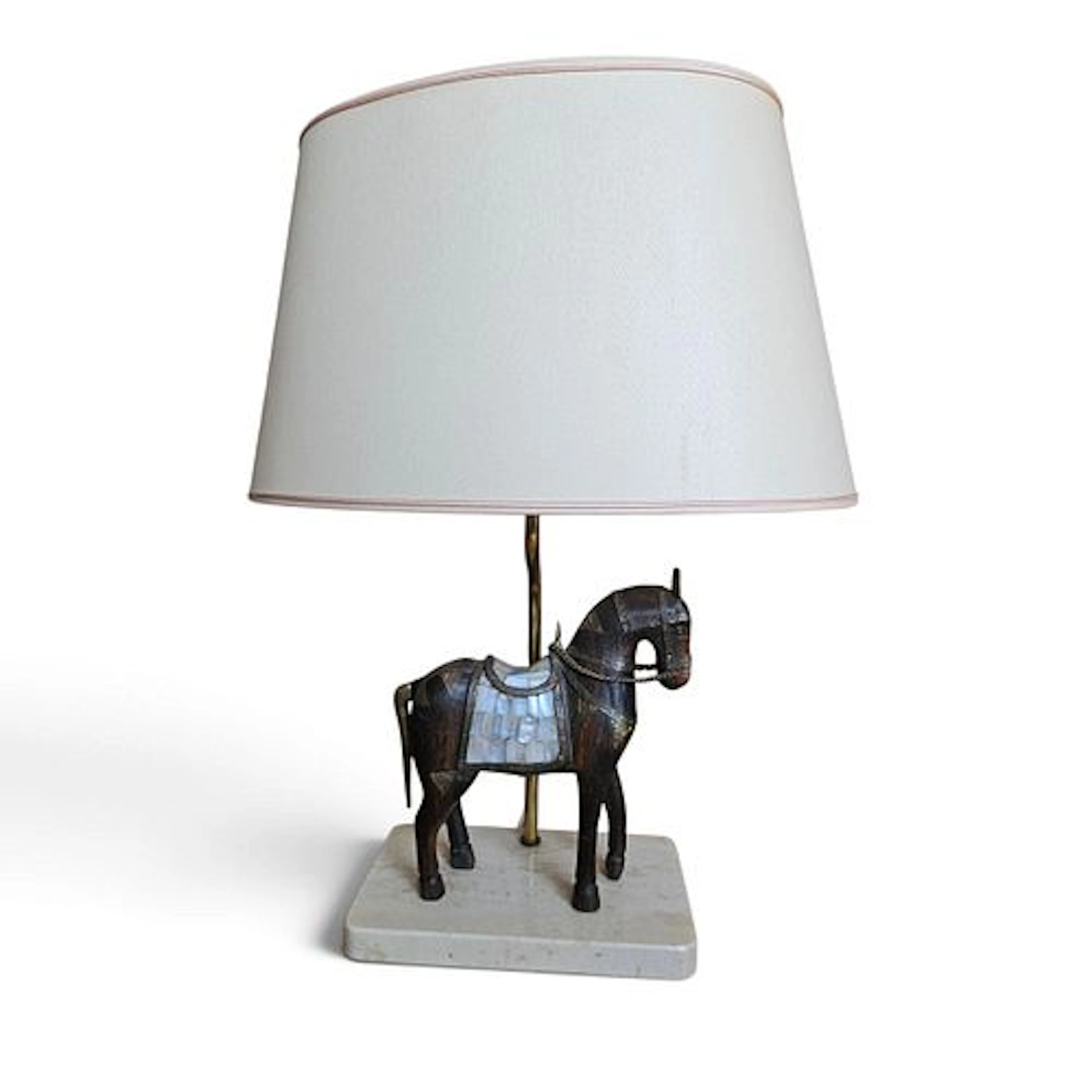 Pair of Wood, Bronze and Mother of Pearl Horse Table Lamps