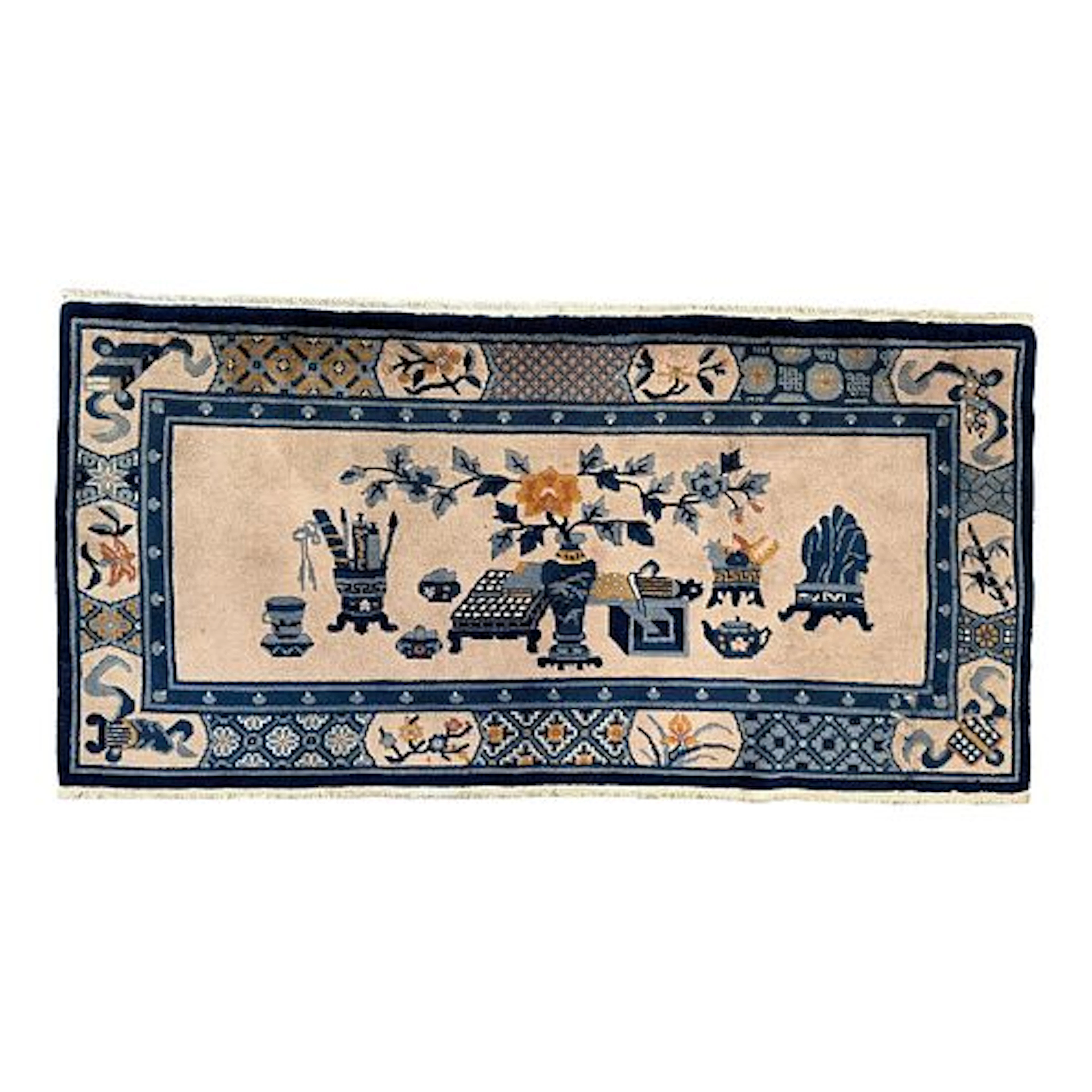 1940s Chinese Art Deco Rug with Scholar's Objects Motif, 2'4" x 4'5"