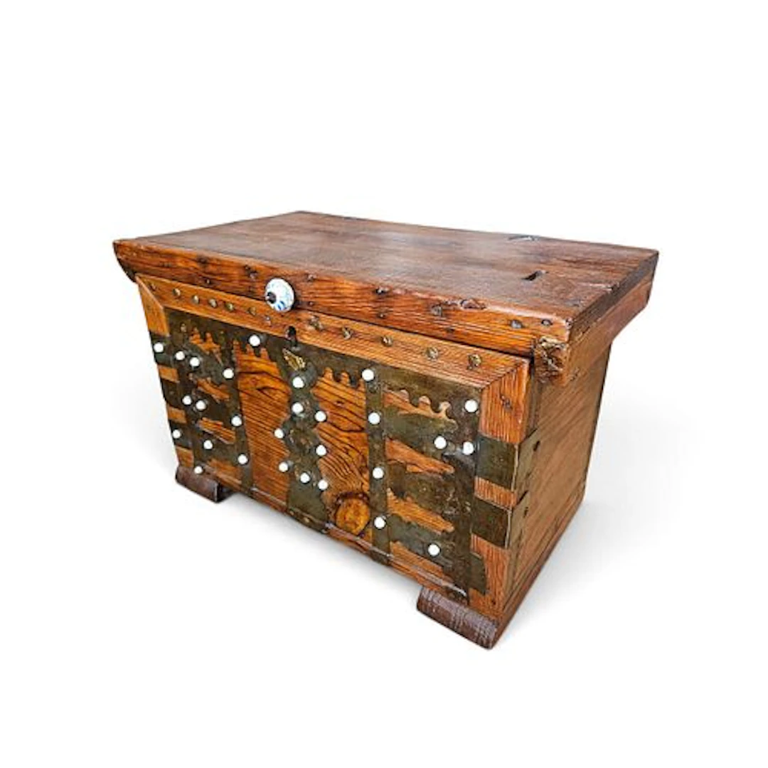 Antique Oak Wood, Brass & Mother-of-Pearl Chest, Circa 1930