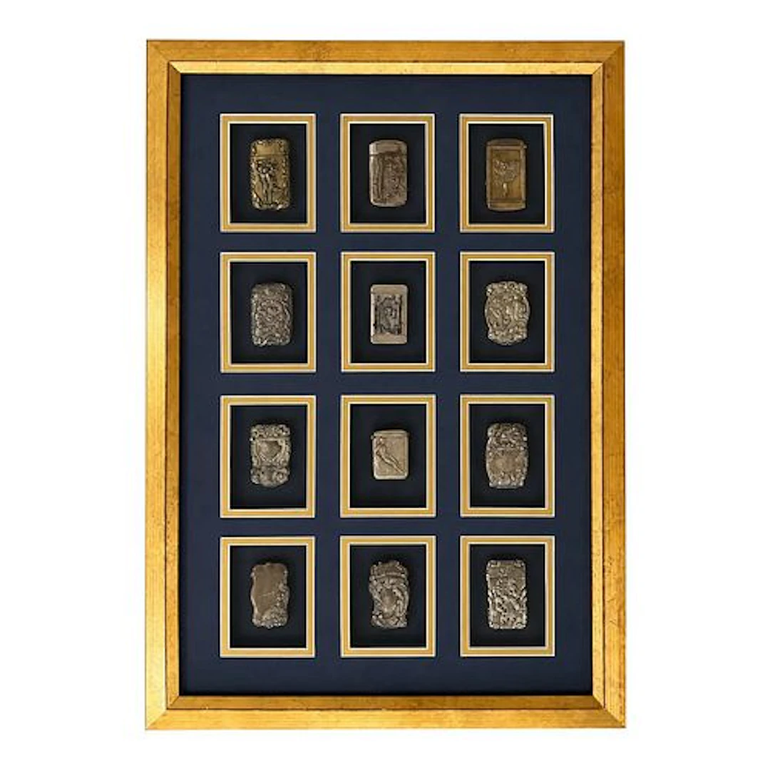 Framed Collection of Late 19th Twelve Antique and Vintage Match Safes