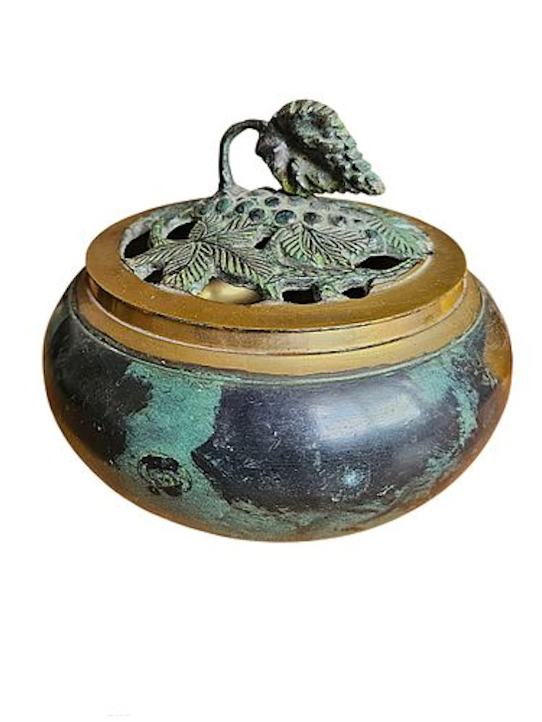 Patinated Bronze and Brass Covered Incense Burner with Leaf Finial