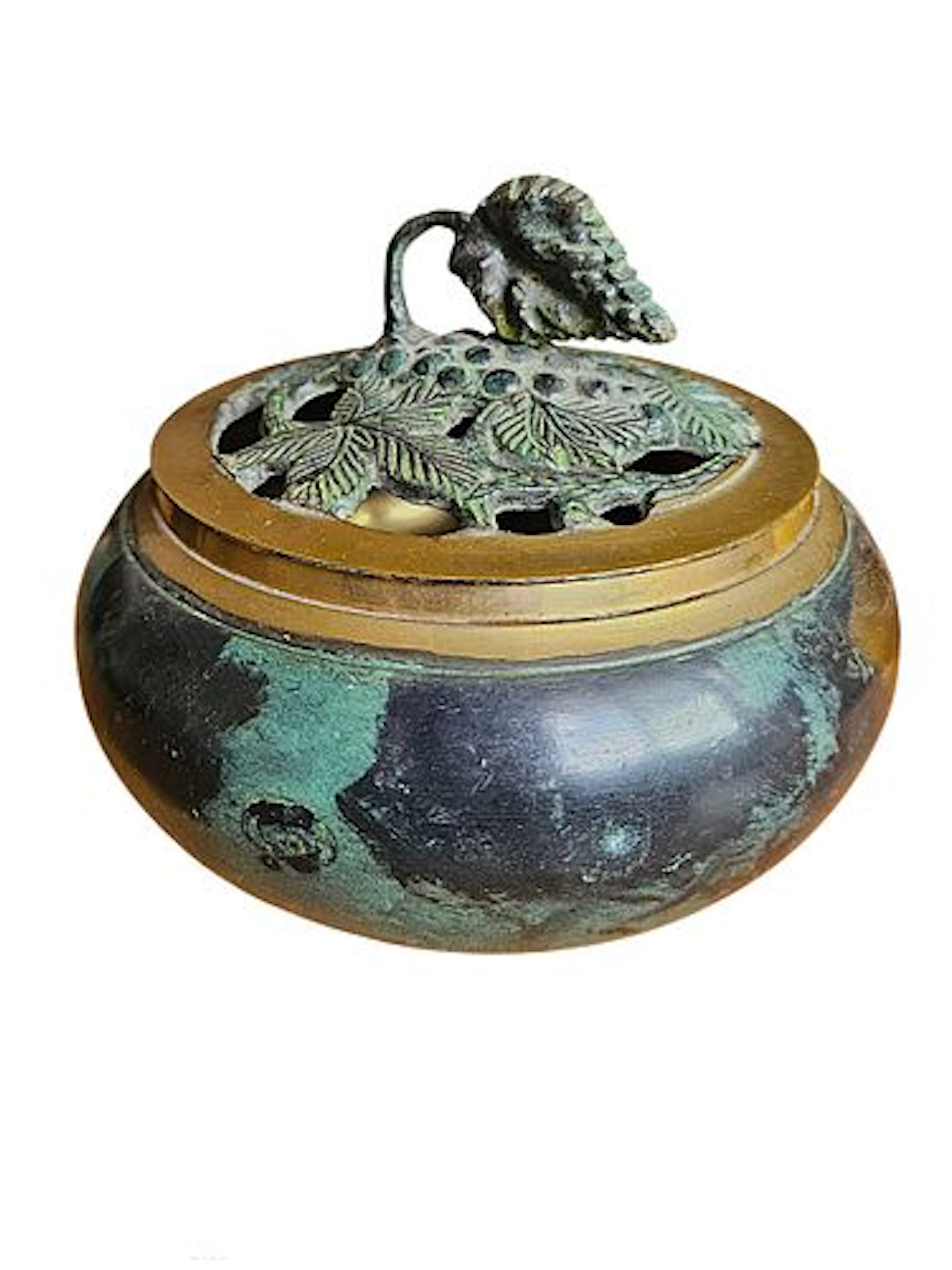 Patinated Bronze and Brass Covered Incense Burner with Leaf Finial