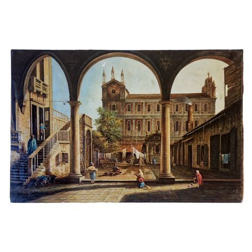 Panarello - Italian Courtyard Scene with Figures, Oil on Canvas