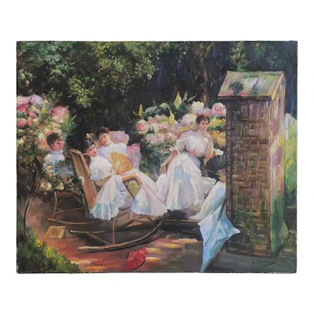 Mid-20th Century Signed F. Verne - Ladies in a Garden, Oil on Canvas