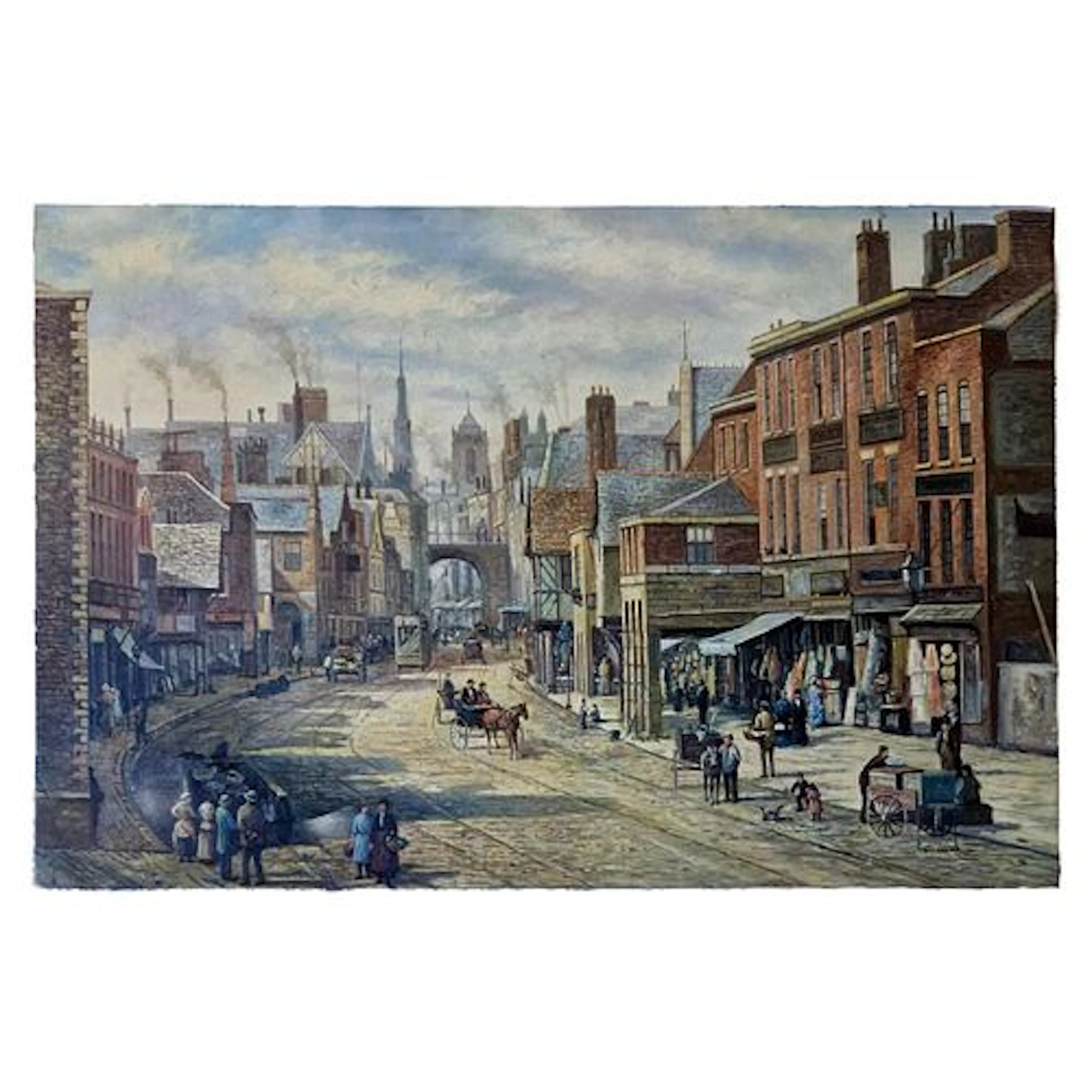 Mid-20th Century Signed E. Olson - Street Scene With Vendor Cart, Oil on Canvas