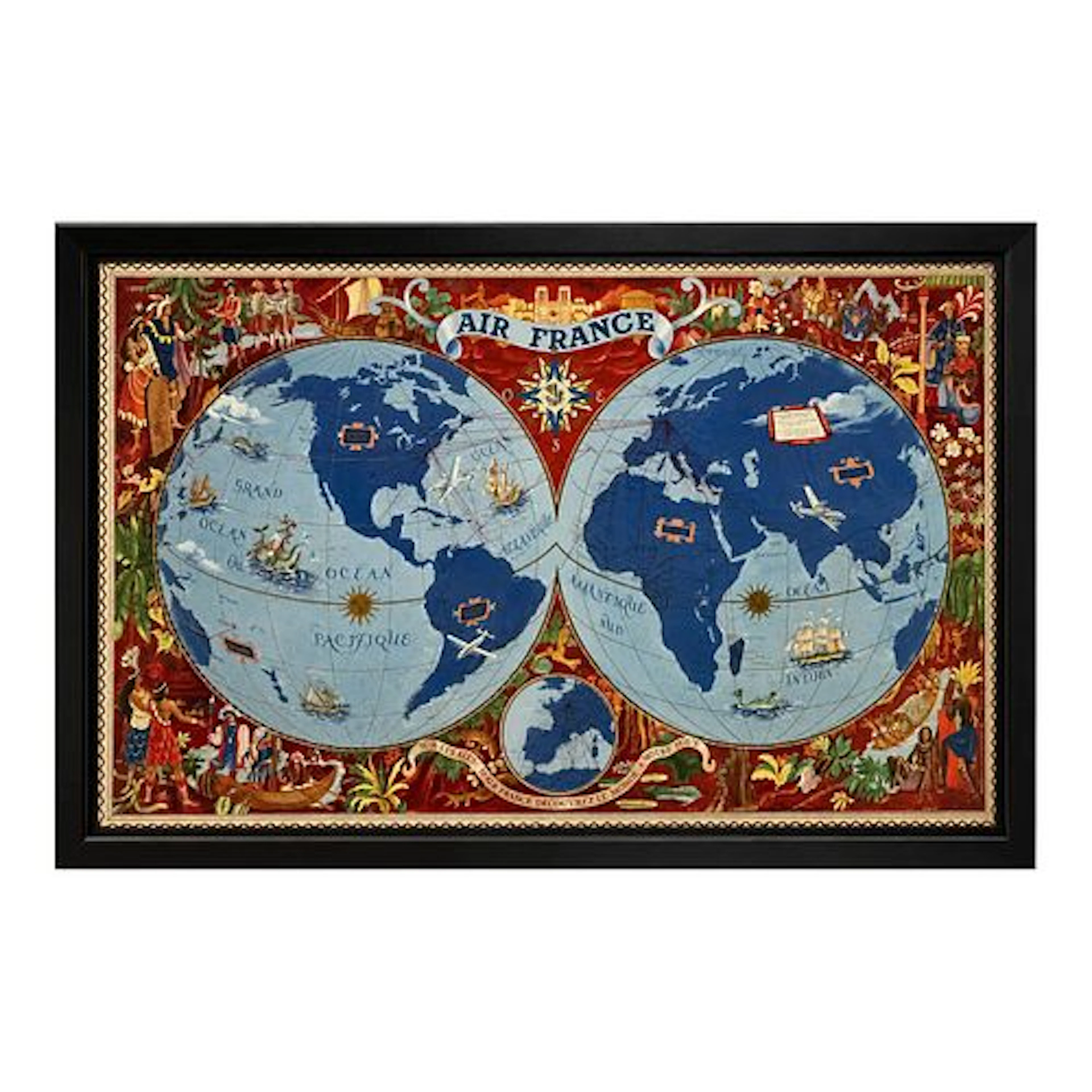 Mid 20th Century Lucien Boucher - Air France World Map, Color Lithograph