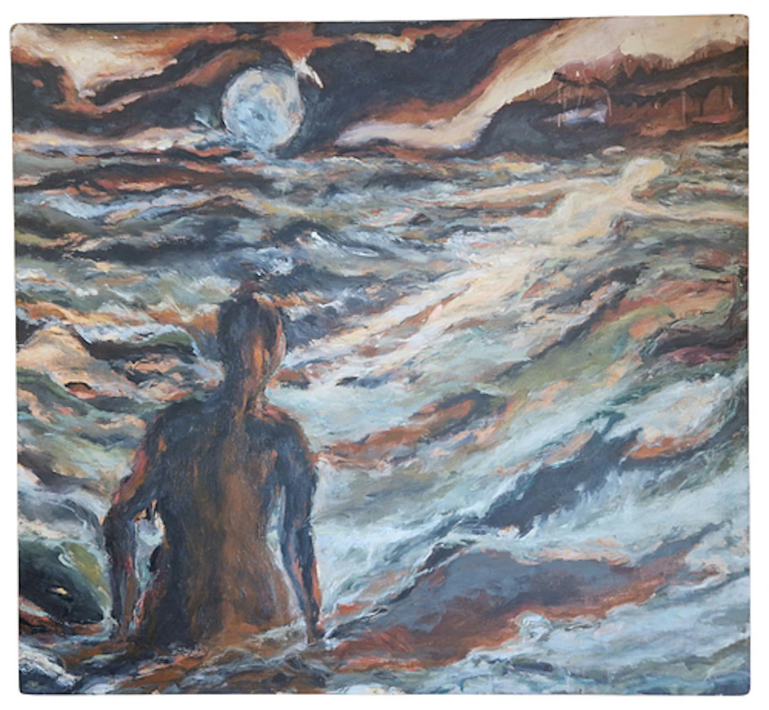 J.P. - Figure in a Turbulent Sea, Mixed Media on Board, 1998