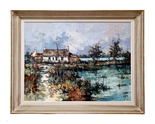 Maurice Le Cunff - Impressionist Landscape with House and Water, Oil on Canvas