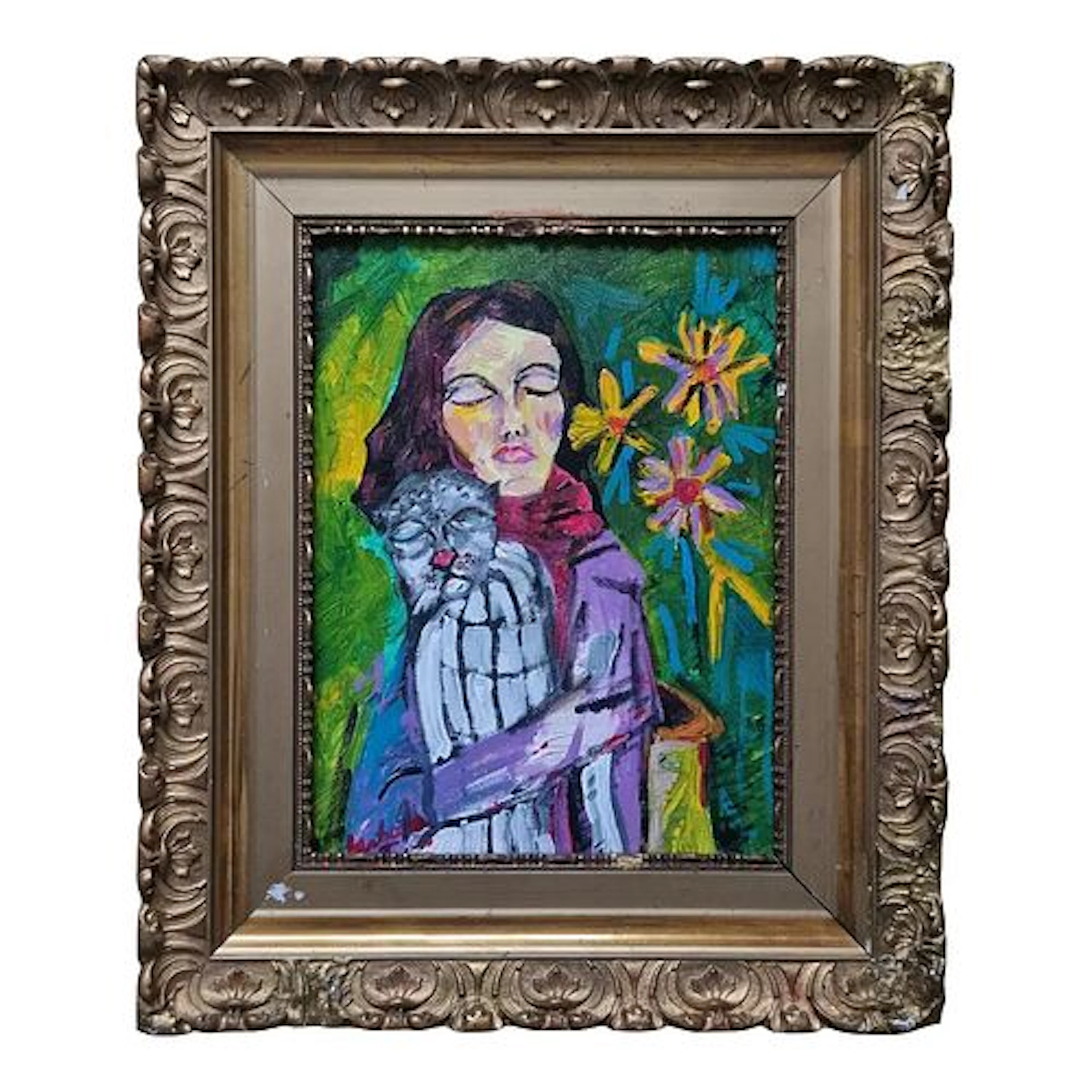 Mid-20th Century Signed - Expressionist Figure With Cat, Oil on Canvas