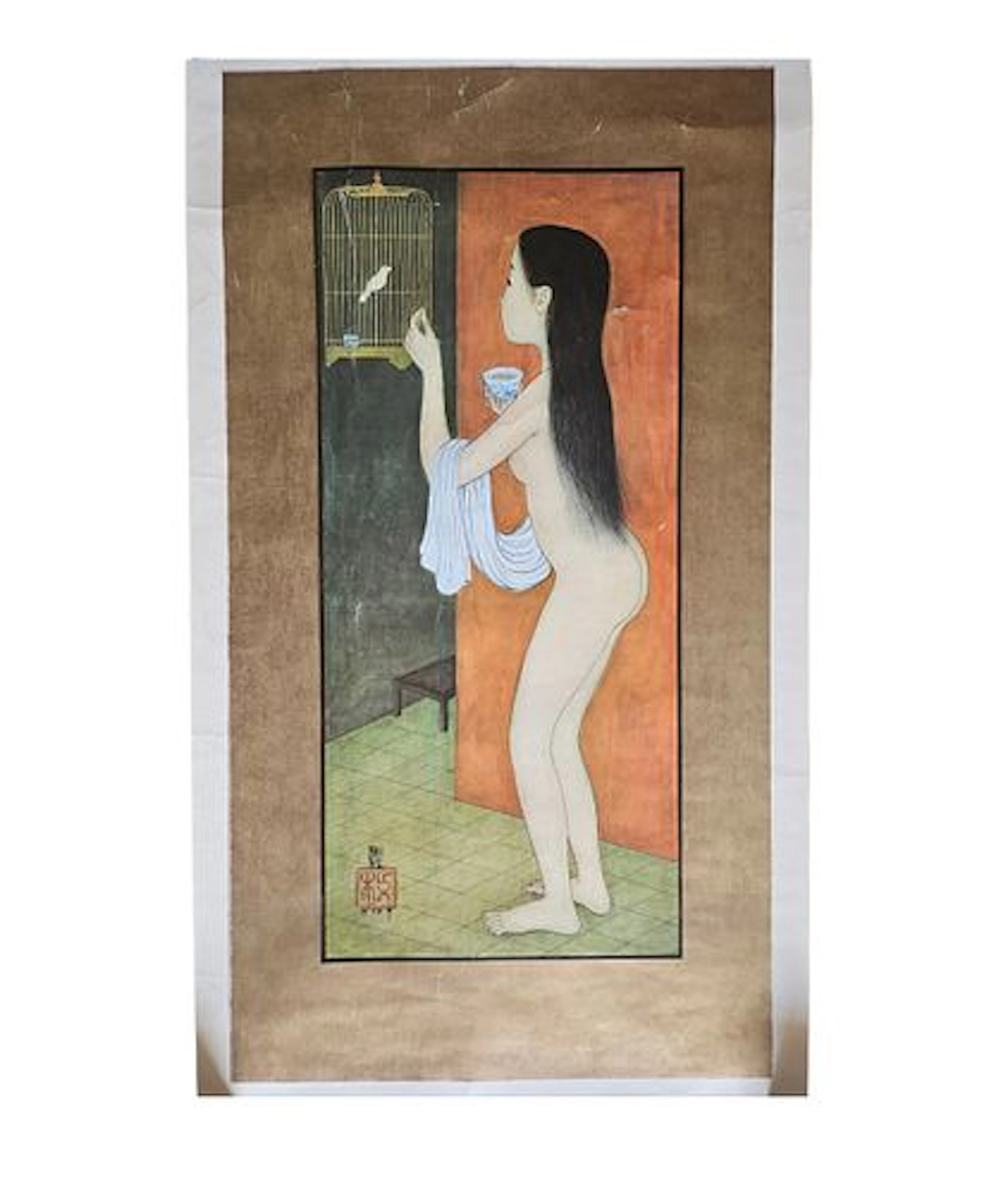 Mai Thu (Mai Trung Thu), Vietnamese Woman with Bird, Color Print on Paper