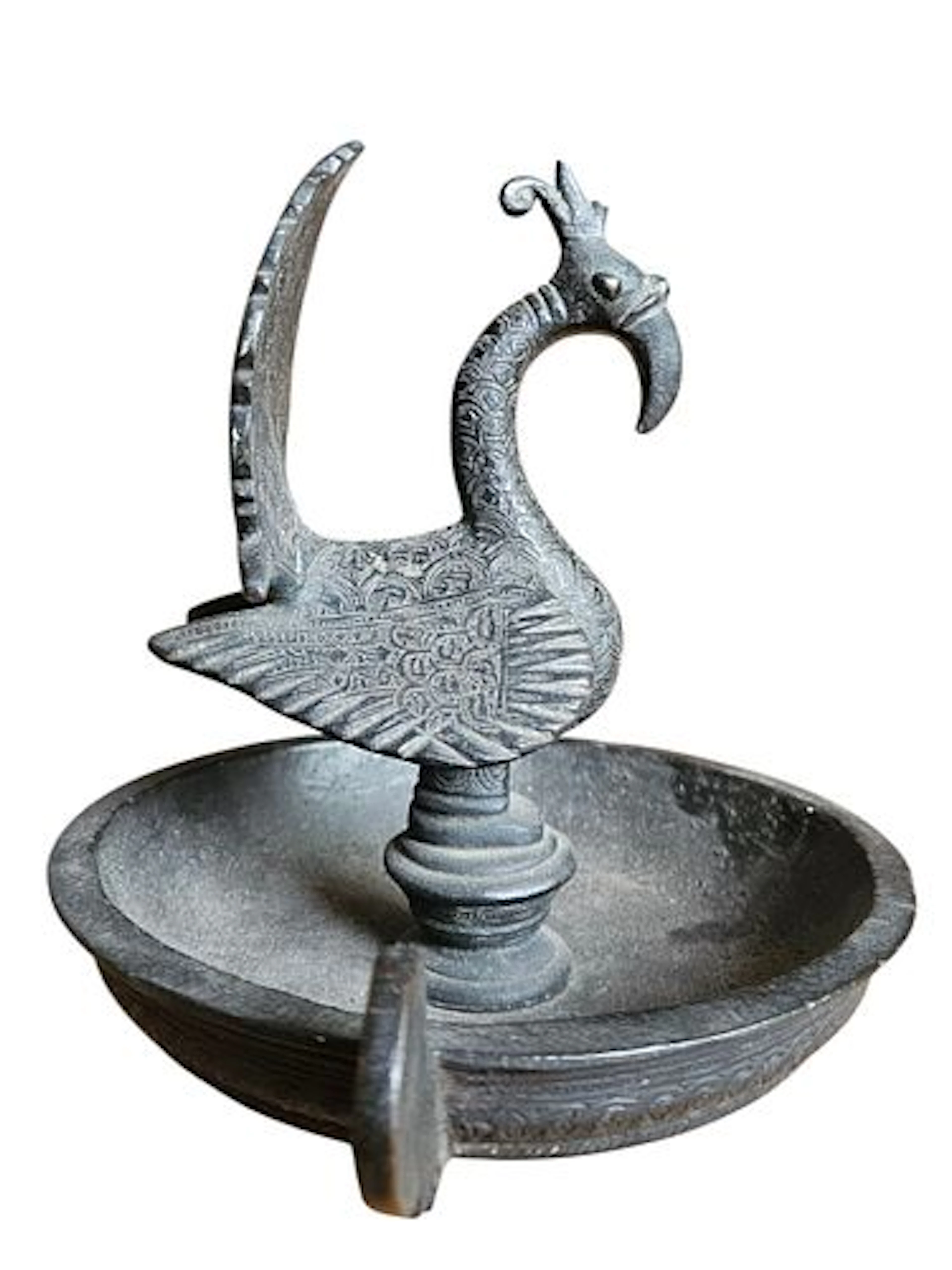Indian Cast Bronze Peacock Oil Lamp, Circa Mid-20th Century