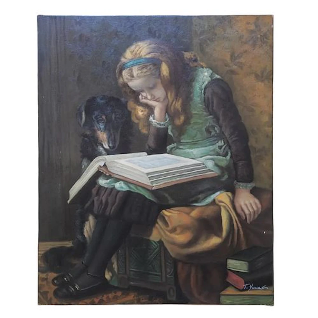 Mid-20th Century Signed T. Young - Young Girl Reading With Dog, Oil on Canvas