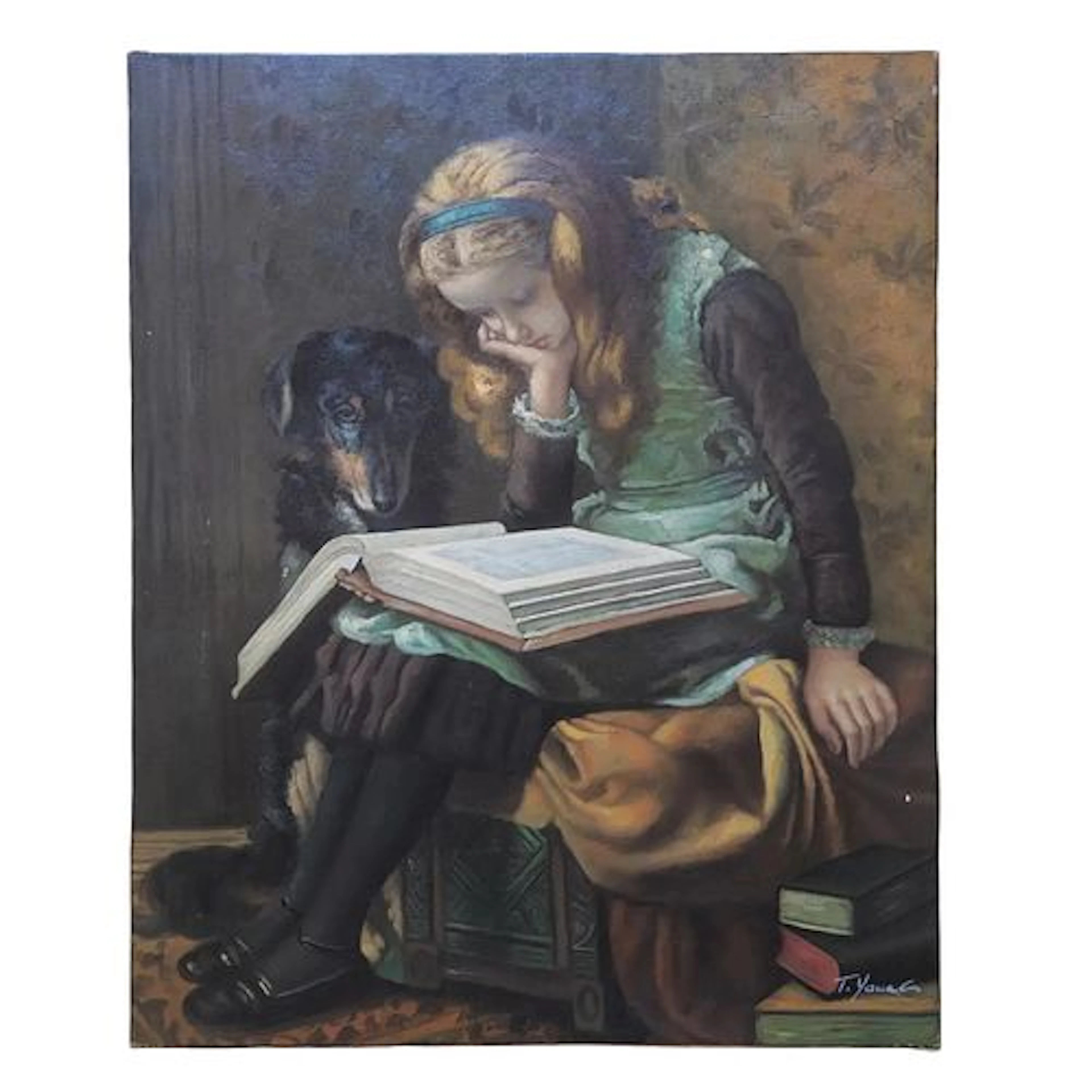 Mid-20th Century Signed T. Young - Young Girl Reading With Dog, Oil on Canvas