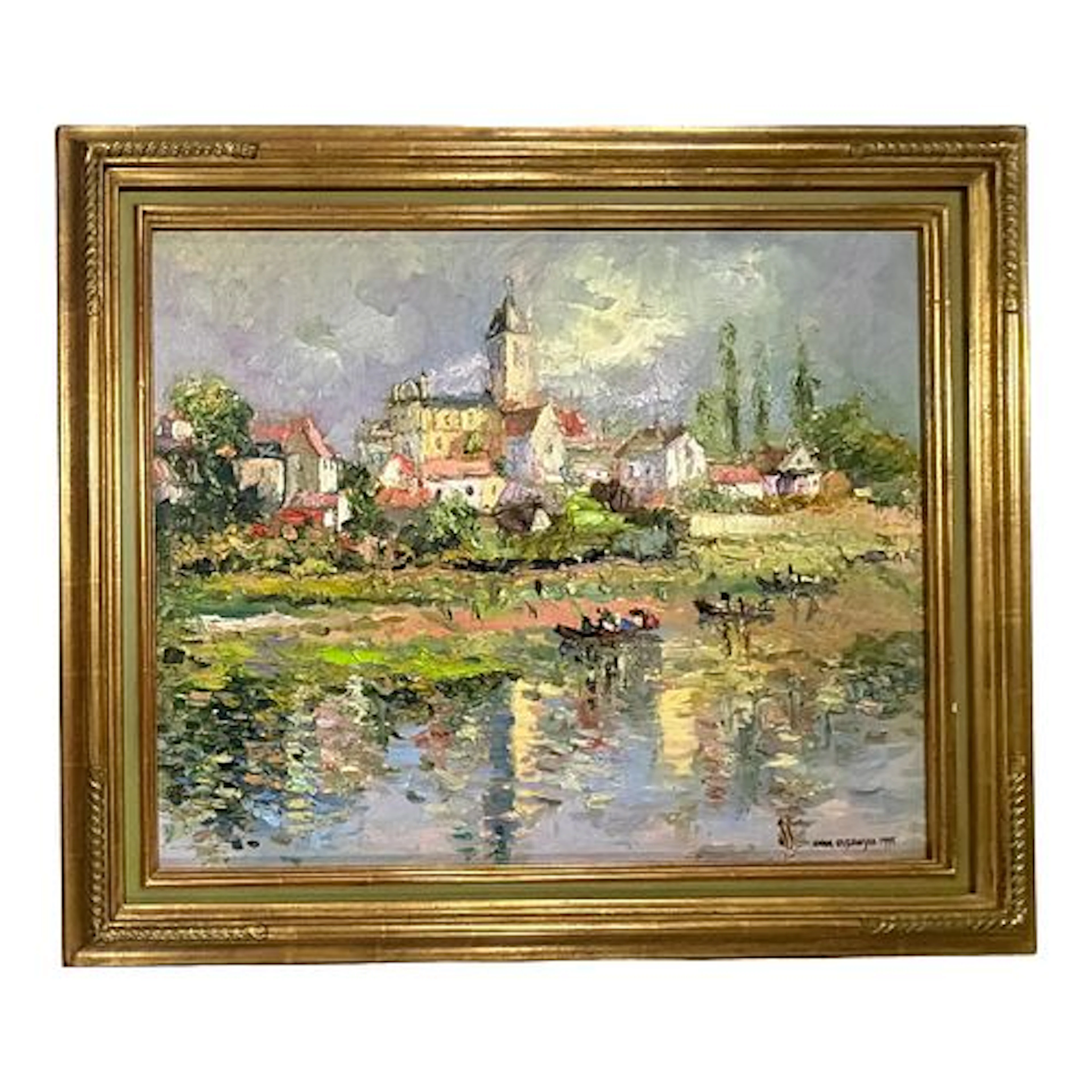 Late 20th Century Anna Olszewska - Riverside Village, Oil on Canvas