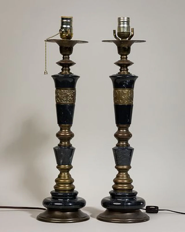 Pair Empire style marble and brass table lamps