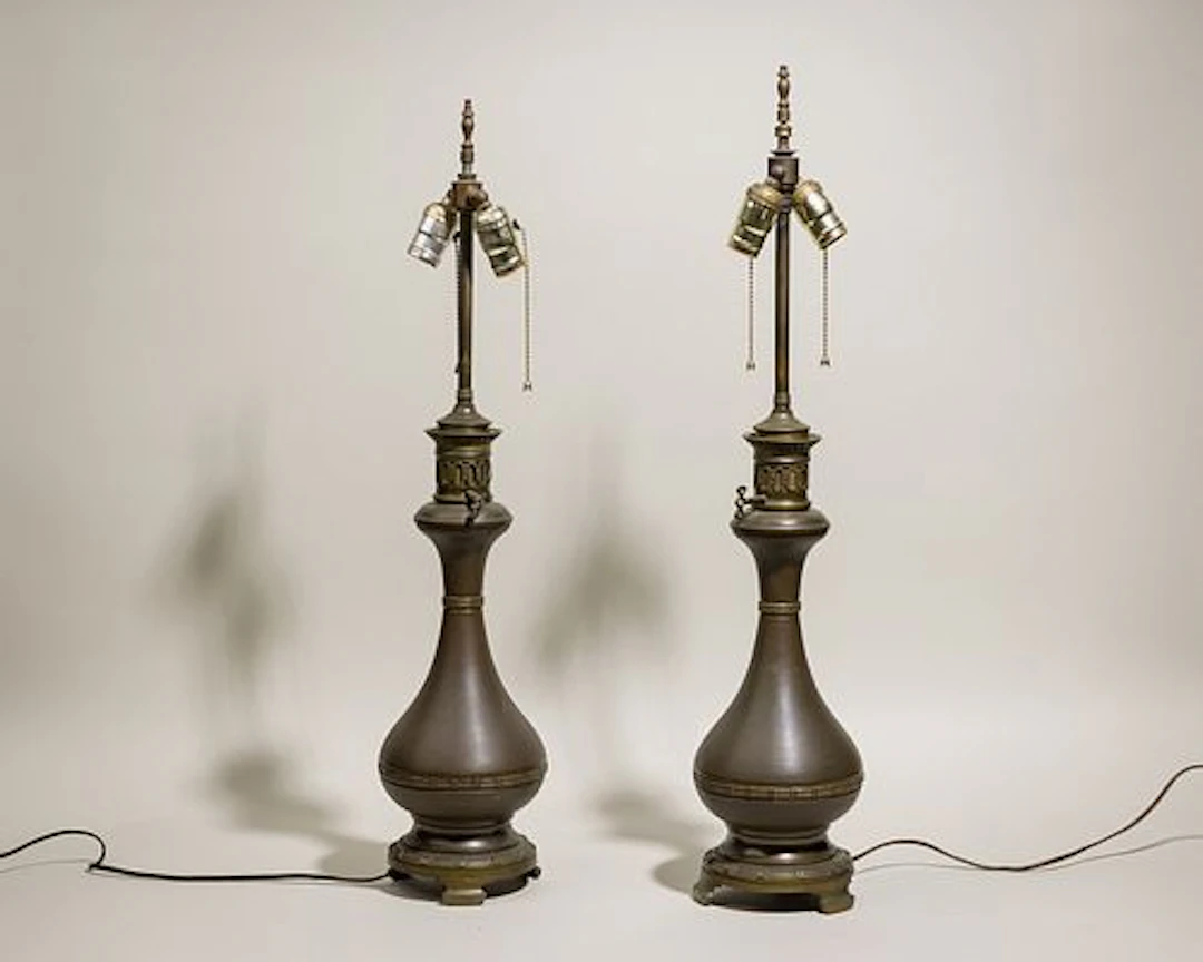 Pair Japanese bronze garlic head vase lamps