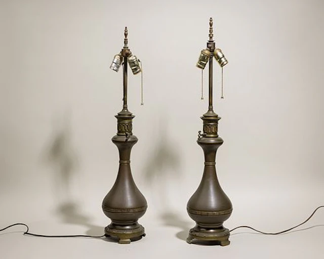 Pair Japanese bronze garlic head vase lamps