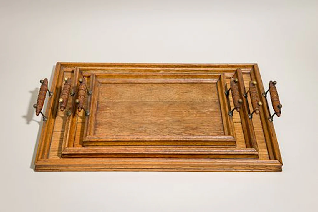 (3) Arts & Crafts, brass and oak nesting trays