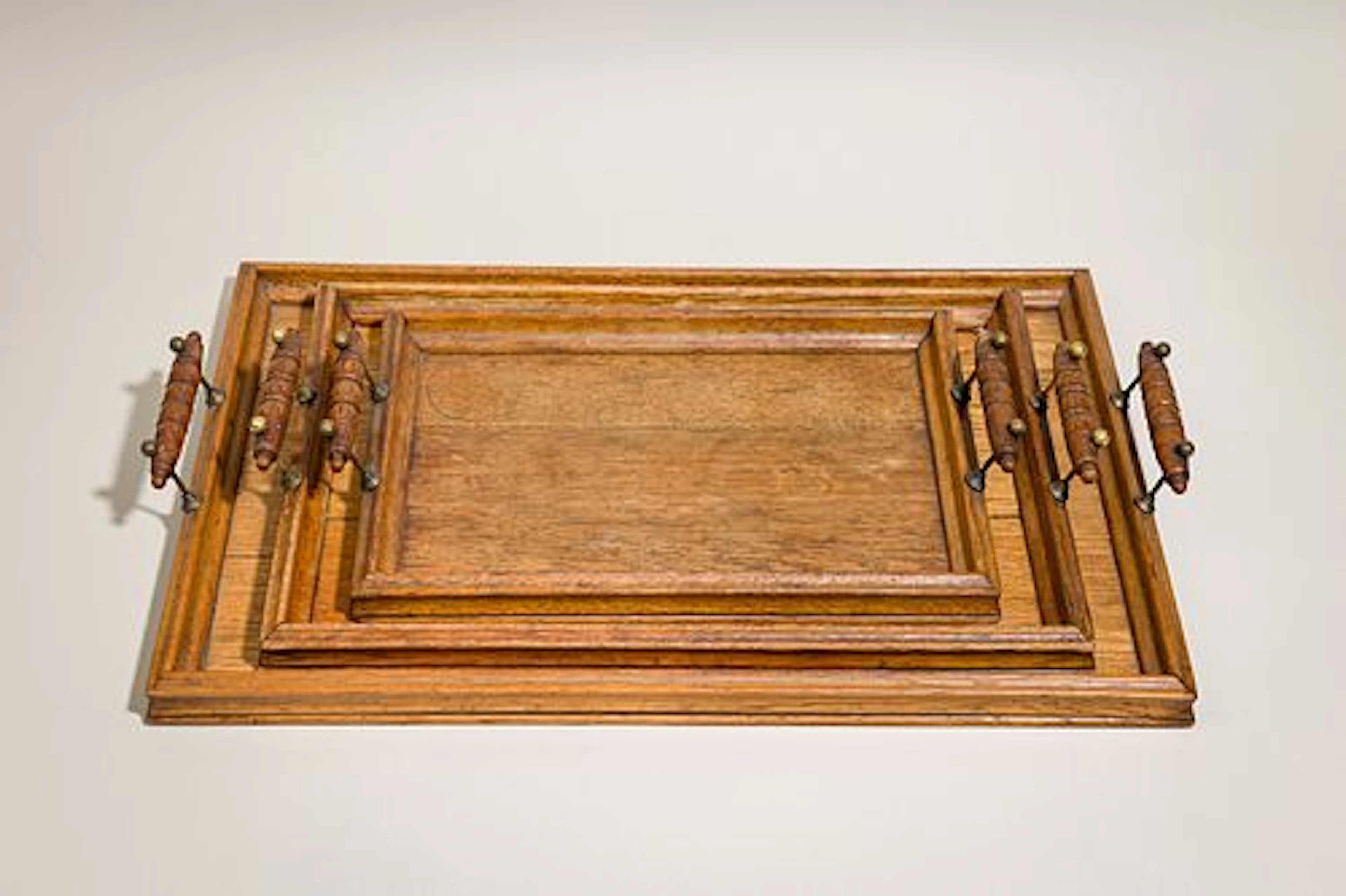 (3) Arts & Crafts, brass and oak nesting trays