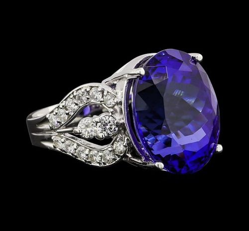 GIA 19.49 ct. Tanzanite & Diamond Ring in 14k White Gold