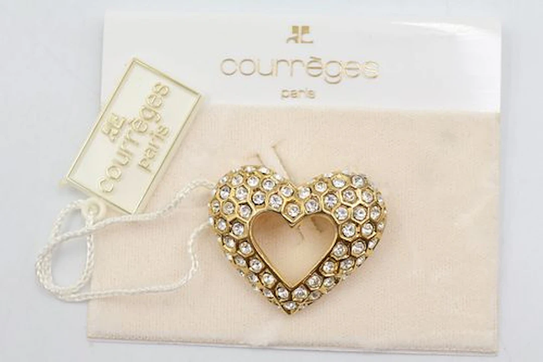 Courreges Paris Gold Toned Heart Brooch with Crystals