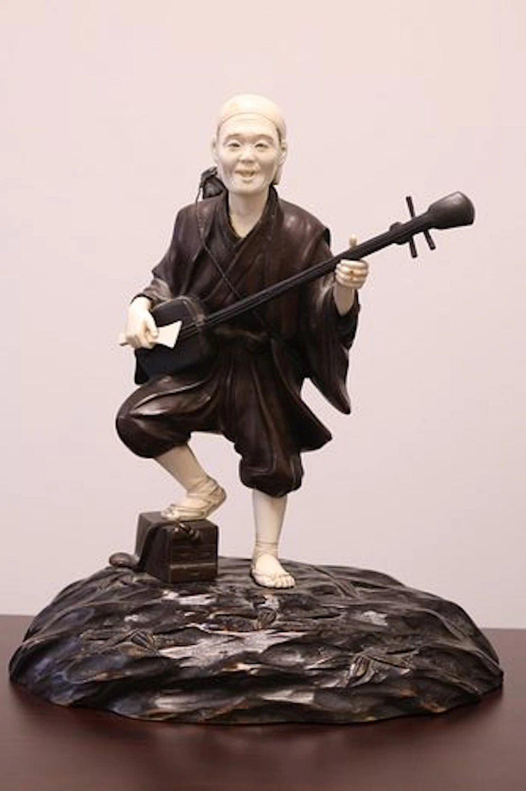 A Signed Bronze & Ivory Japanese Okimono