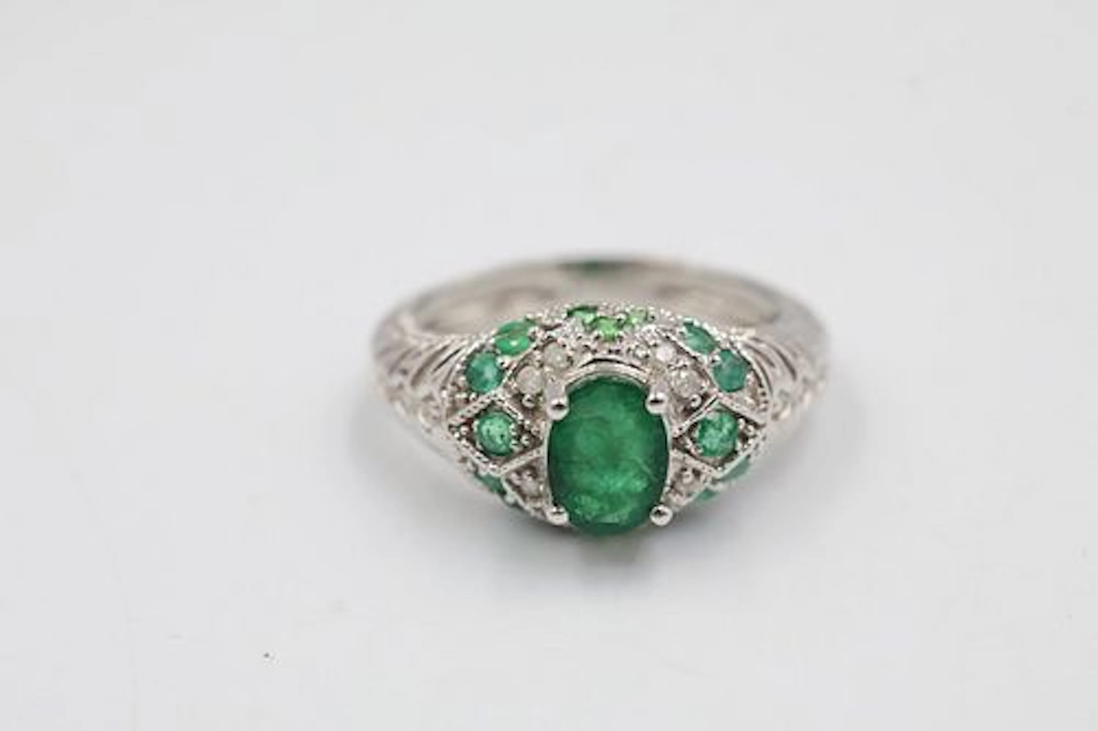 10K White Gold, Emerald & Diamond Ring