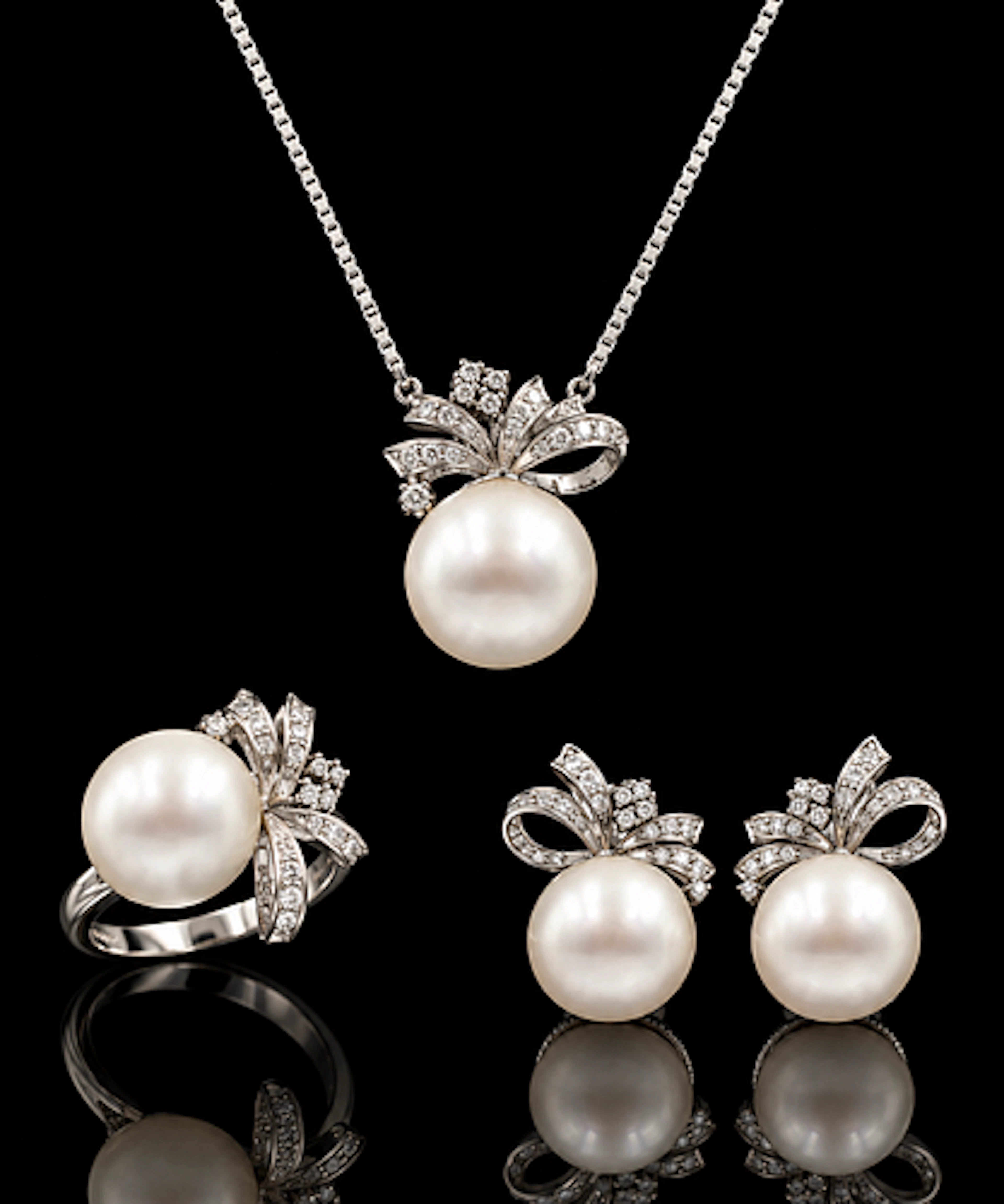 10K White Gold Pearl & Dimaond Earrings, Ring & Pendant