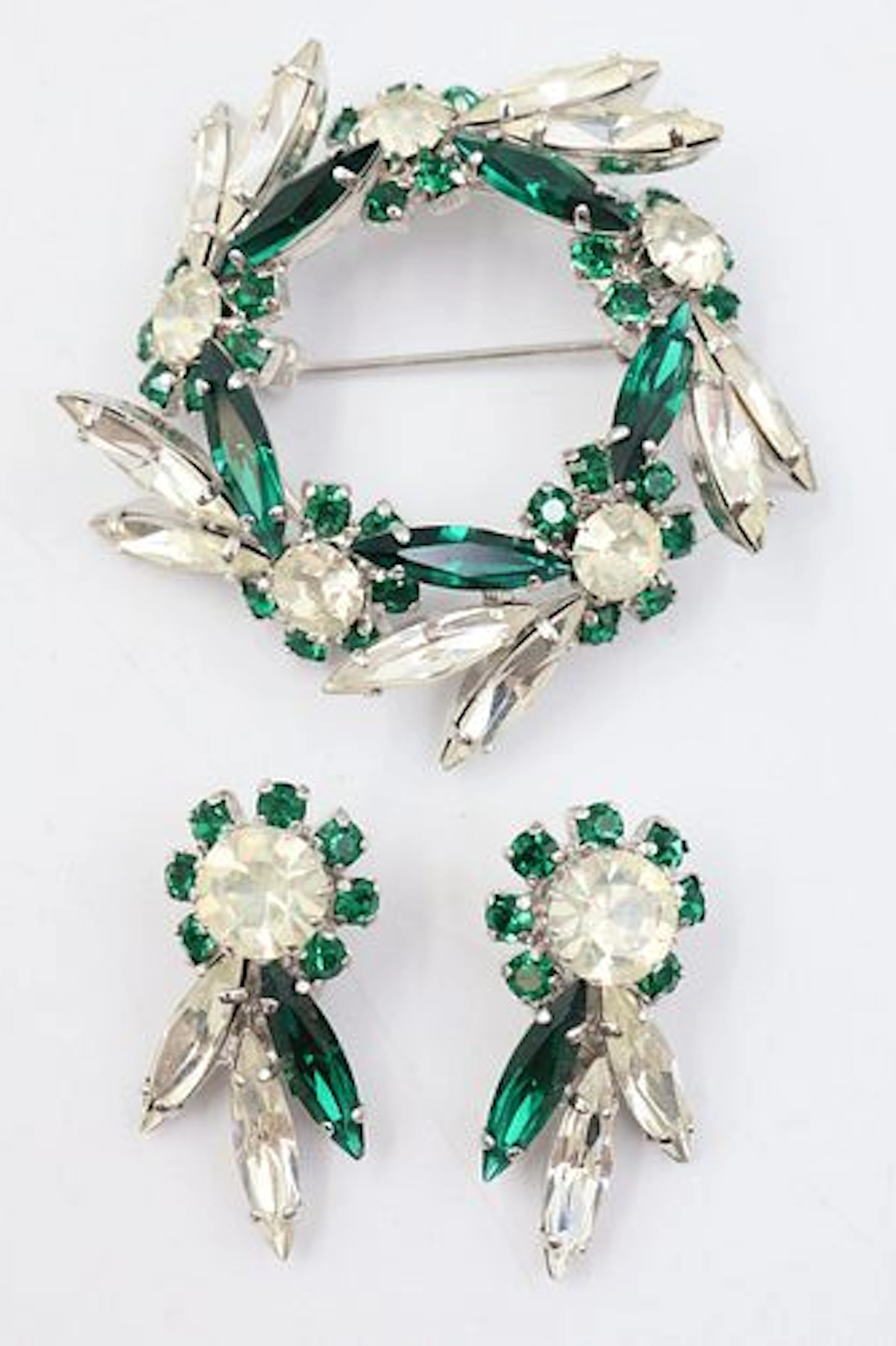 Sherman Clear & Green Crsytal Brooch & Clip On Earrings Set