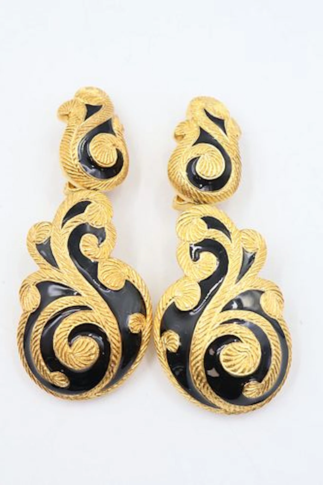 Dior 1980's Clip On Black Enamel & Gold Toned Earrings