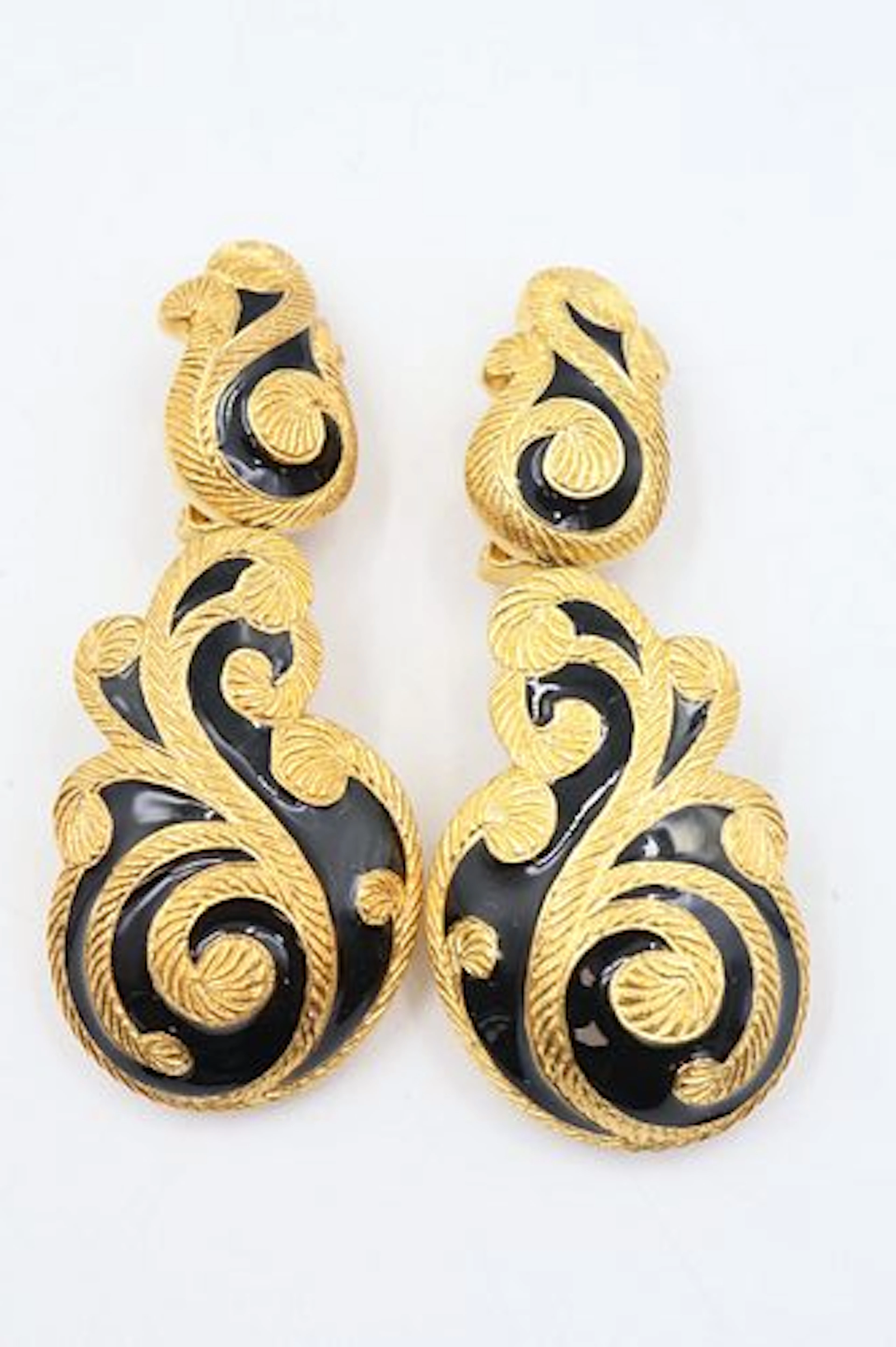 Dior 1980's Clip On Black Enamel & Gold Toned Earrings