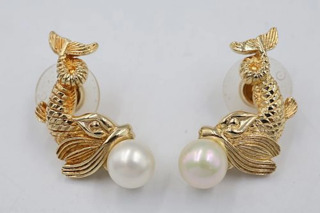 Dior 1980's Gold Toned Koi Fish Faux Pearl Clip On Earrings