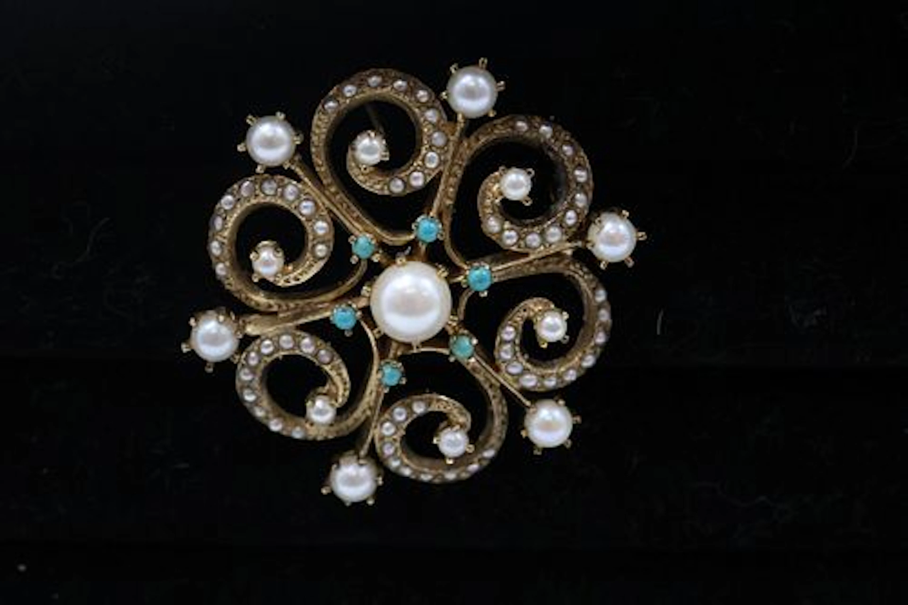 14k Yellow Gold, Pearl & Turquoise Brooch