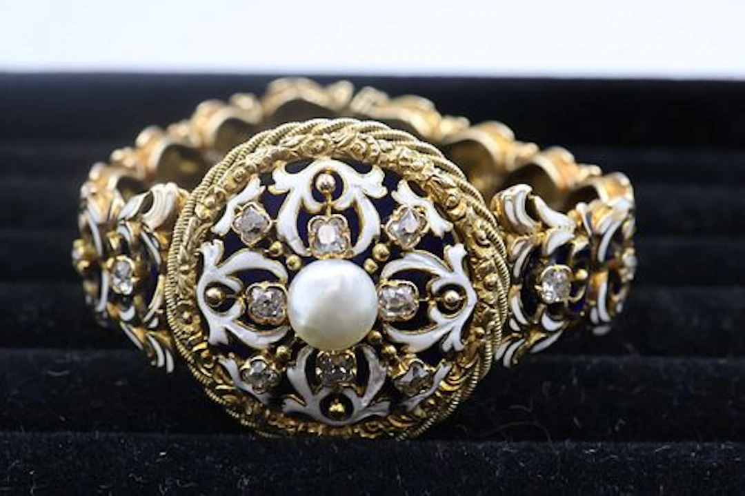 14k Gold, Diamond, Pearl & Enamel Bracelet