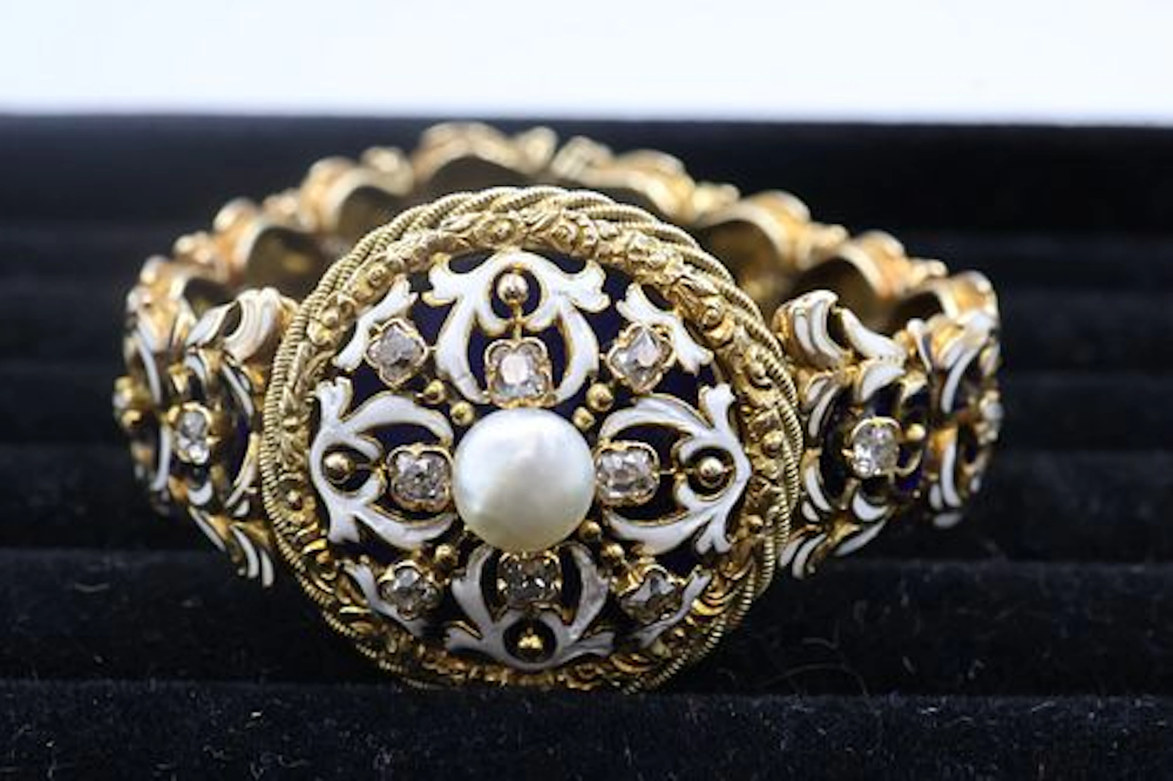 14k Gold, Diamond, Pearl & Enamel Bracelet