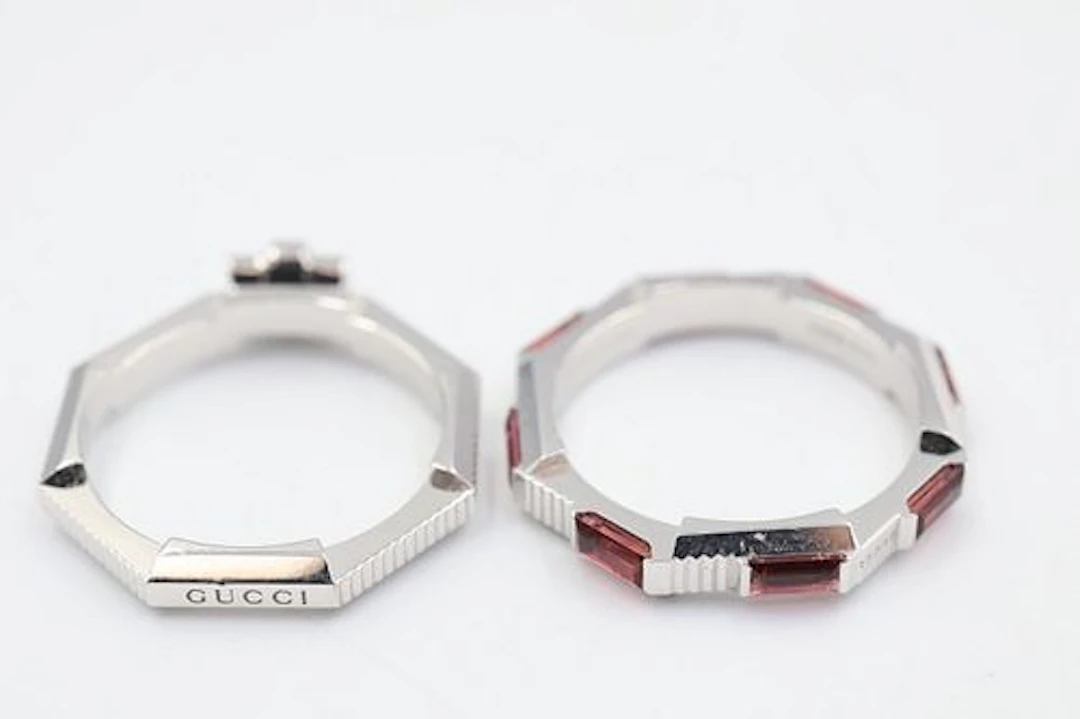 Gucci 18k White Gold & Pink Sapphire Ring Pair