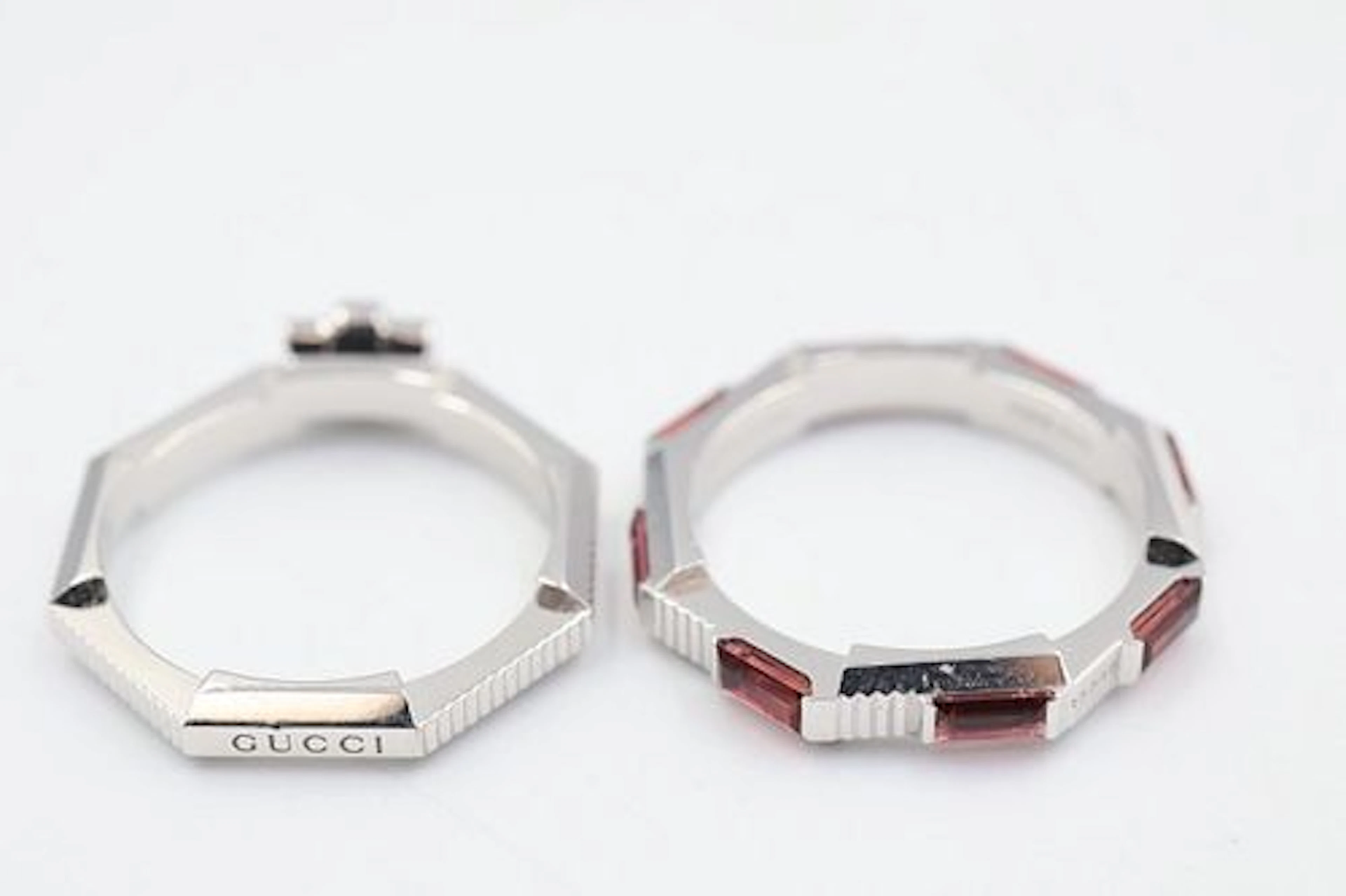 Gucci 18k White Gold & Pink Sapphire Ring Pair