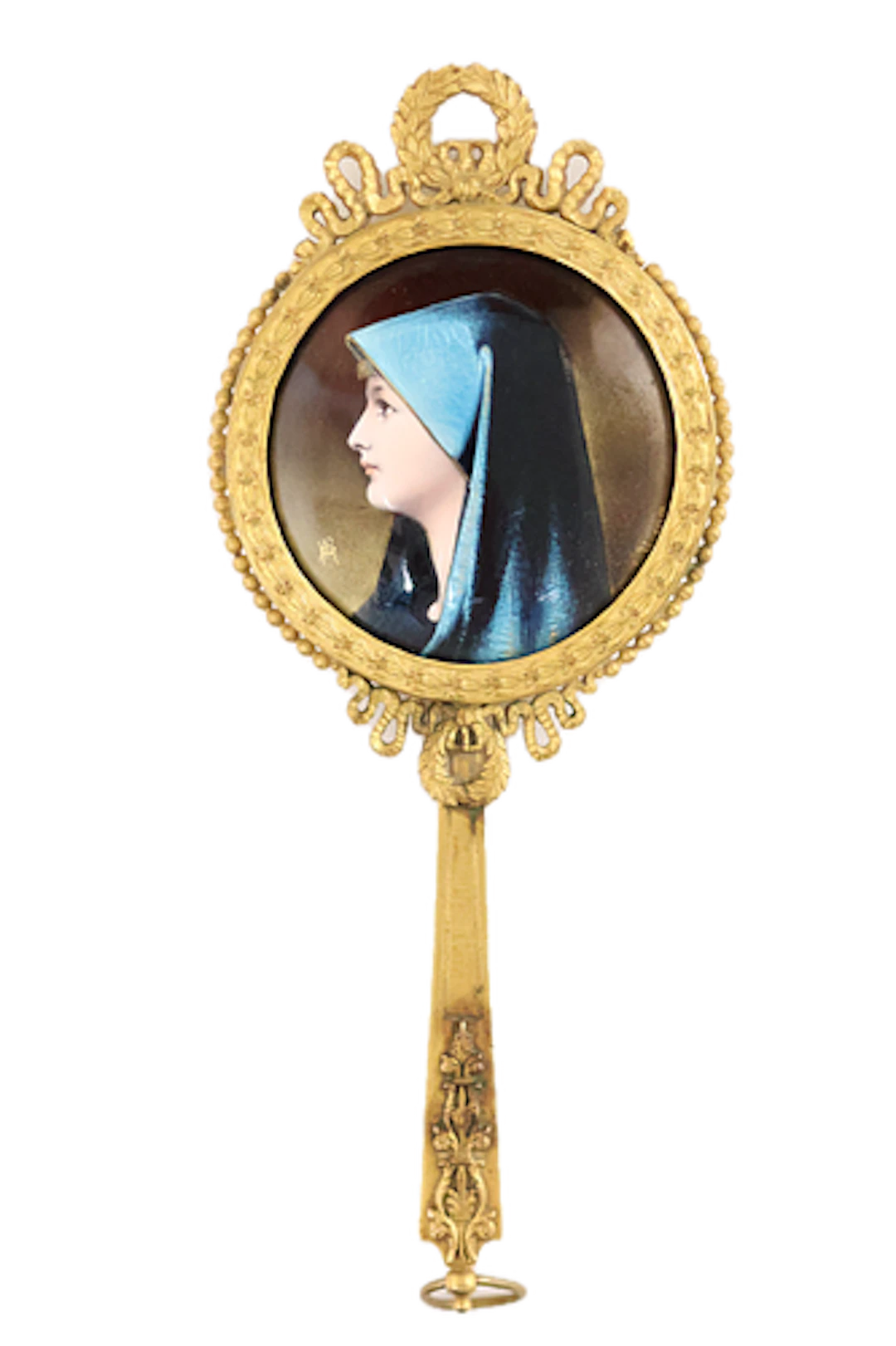 Continental bronze dore & enameled hand-held portrait mirror